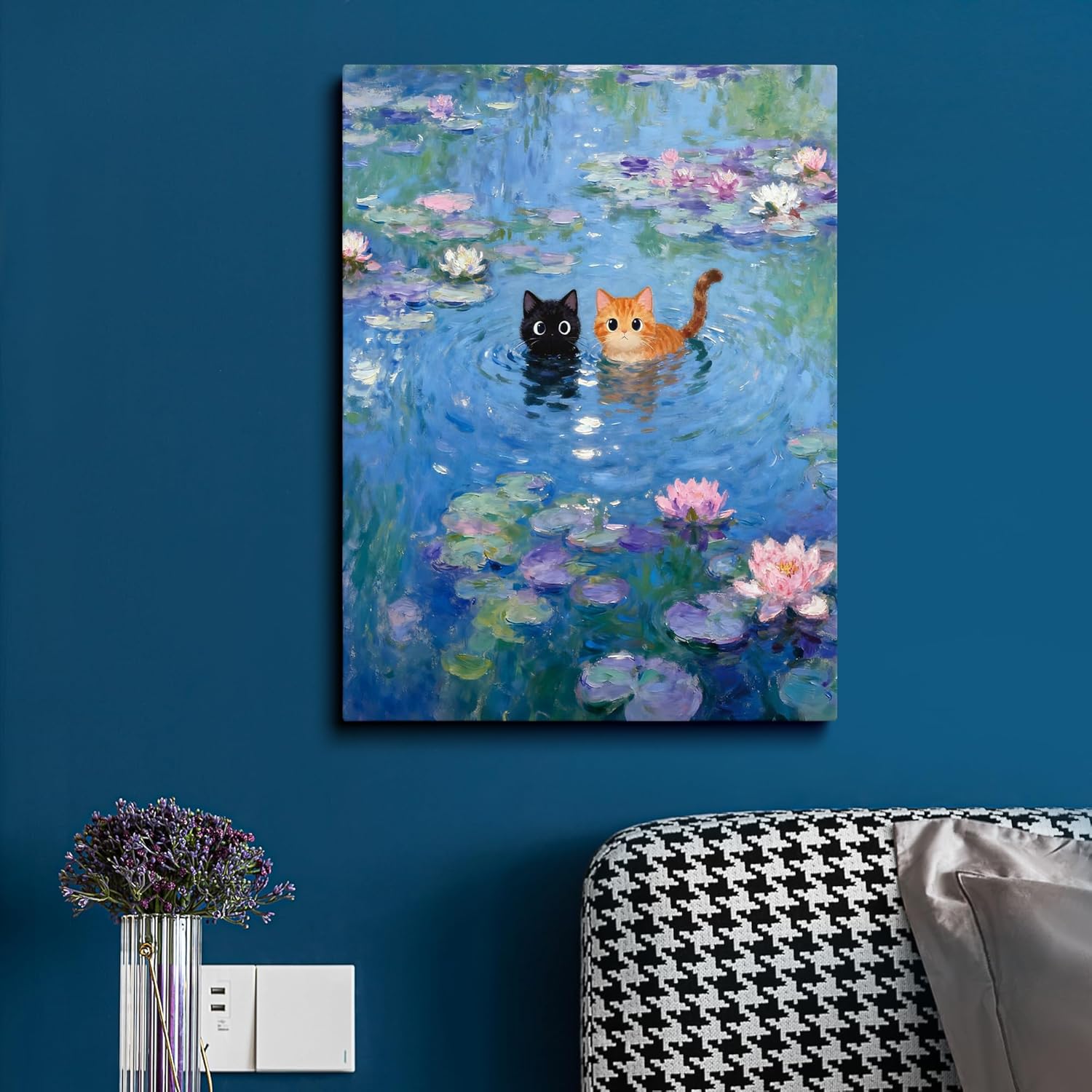 TimAsh Monet Water Lilies with Cat Wall Art, Framed Vintage Canvas Decor Playful Black Cat & Orange Cat Print for Living Room Bedroom Bathroom and Office 24L x 16W