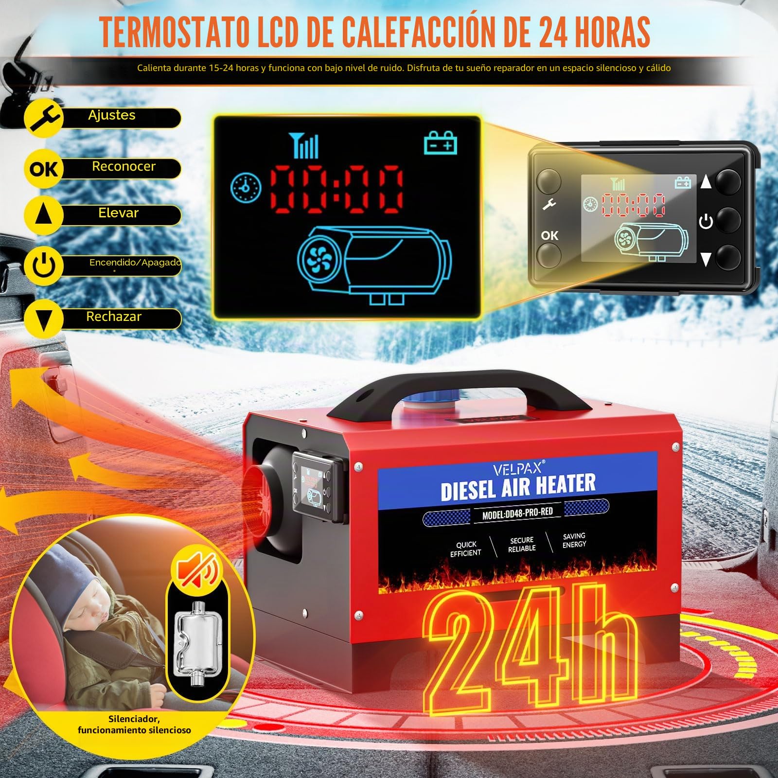 VELPAX Calentador Diésel Portátil Todo en Uno 12 V 8KW,Calentador de Aire Diesel 0,16-0,52 L/h LCD de Control Remoto,Adecuado para automóviles, Camiones, Barcos