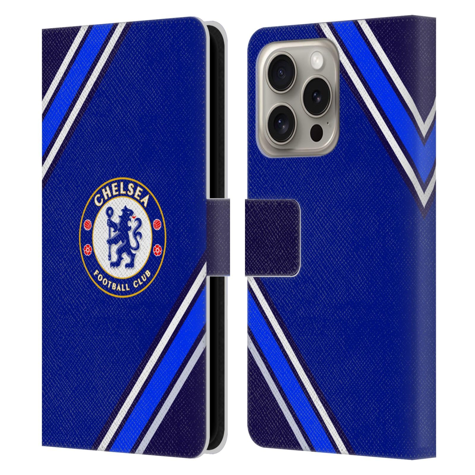 Head Case Designs Officially Licensed Chelsea Football Club Stripes Crest Leather Flip Case Compatible With Apple iPhone 16 Pro