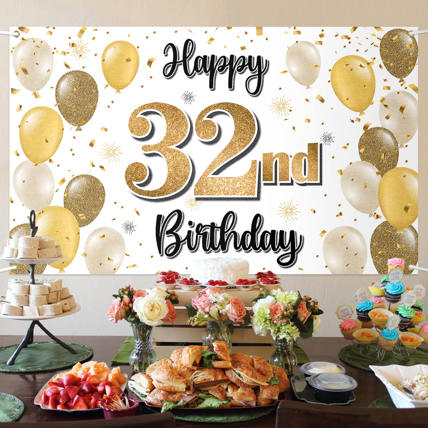 PAKBOOM „Happy 32nd Birthday“ Banner – 1,2 X 1,8 M Party-Deko Hintergrund In Schwarz-Gold | Für Fotoecke & Dessert-Tisch
