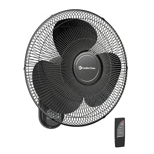 Comfort Zone 16-Inch Wall Mount Fan with Remote Control – Quiet 3-Speed Oscillating Indoor Fan with 90° Wide-Angle Airflow, Timer & Sleep Modes – Space-Saving Wall Fan for Bedroom, Home Gym & Office