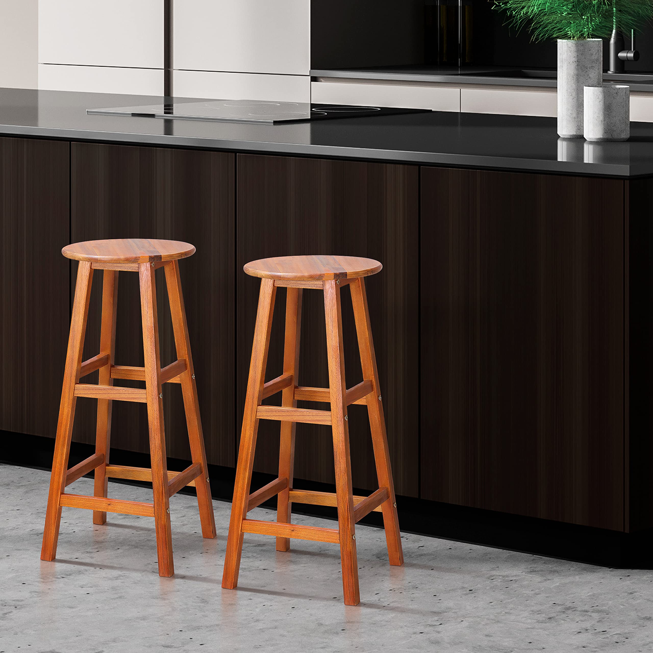 Casaria® Barhocker 4er Set Holz Akazie Outdoor 75cm Sitzhöhe Fußstütze 150kg Belastbarkeit Massiv Rund Rustikal Garten Küche Bar Stuhl Hocker Braun