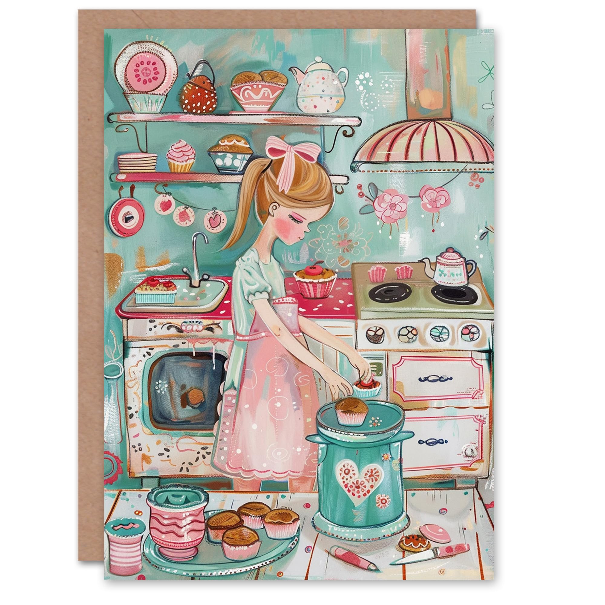 Artery8 Little Pastry Chef Girl Baking Cakes Watercolour For Child Kids Birthday Card