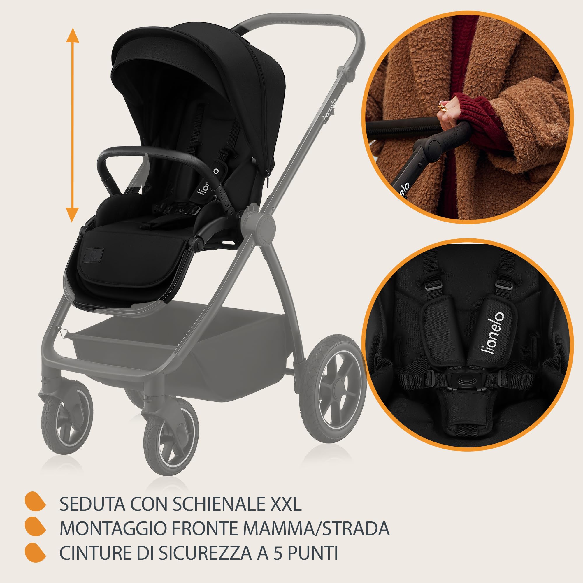 LIONELO Meril Carrozzina e Passeggino 2 in 1 con Navicella XXL 0-48 Mesi | Fino a 22 kg, Navicella fino a 9 kg, Ruote All-Terrain 360°, Schienale Reclinabile, Sospensioni e Cappottina XXL