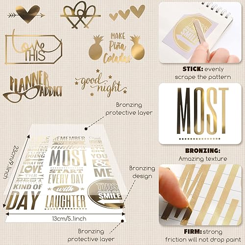 Miniatura 4 de Chinco 10 hojas de calcomanías para álbumes de recortes, más de 400 unidades, calcomanías de amor doradas, suministros de transferencia de álbumes