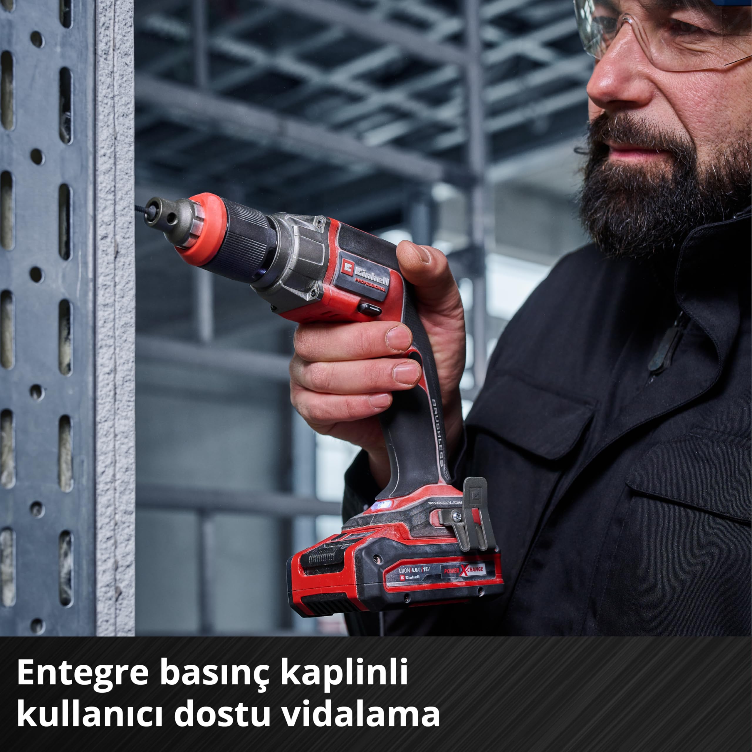 Einhell Profesjonalna wkrętarka akumulatorowa do płyt kartonowo-gipsowych TP-DY 18 Li BL + wkład Power X-Change (18 V, silnik bezwęglowy, ogranicznik głębokości, z wkładem, 2 bity, E-Case, bez