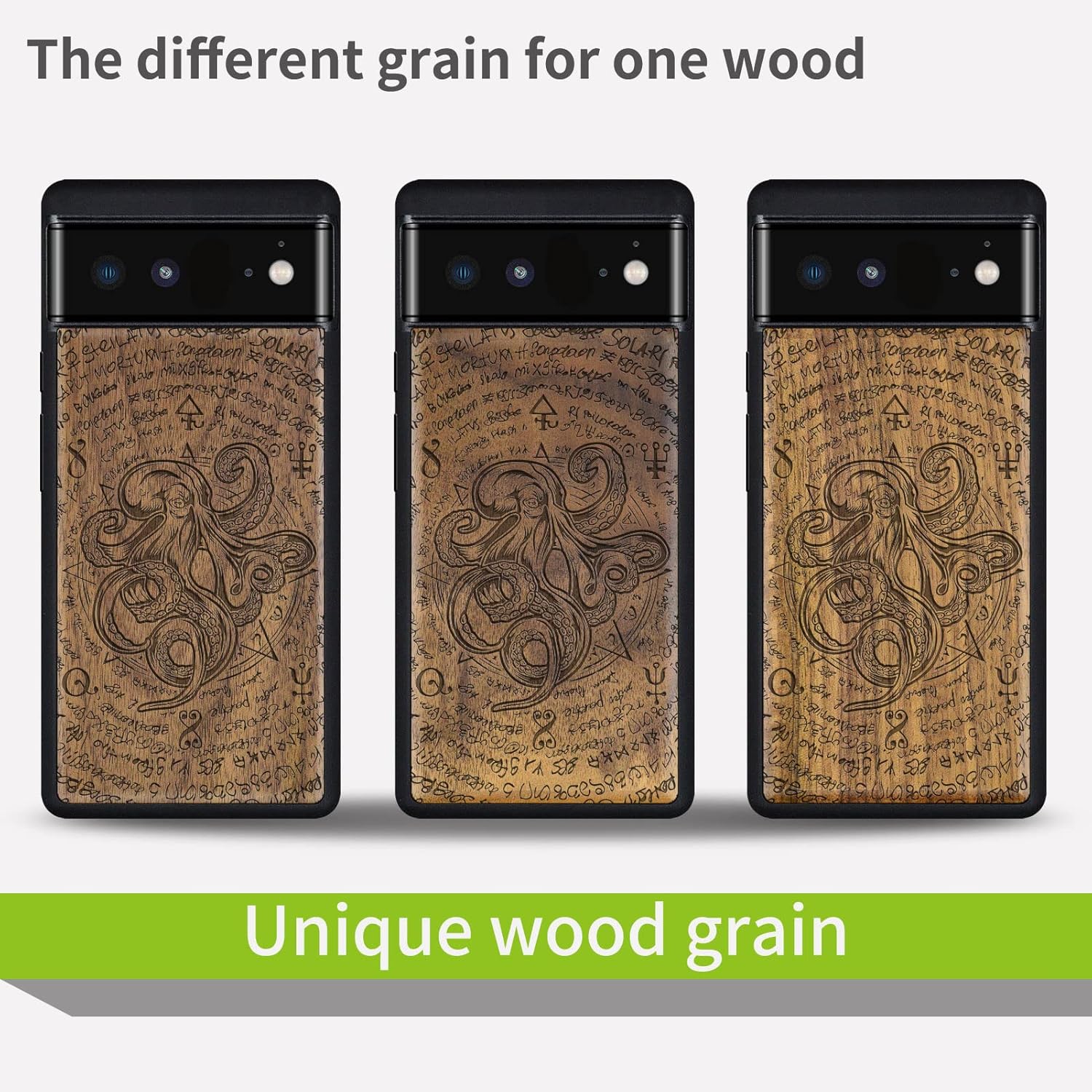 Carveit Wood Case for Pixel 6 Case [Natural Wood & Black Soft TPU] Shockproof Protective Wooden Cover Compatible with Google Pixel 6 (Octopus of Old Manuscript-Walnut)
