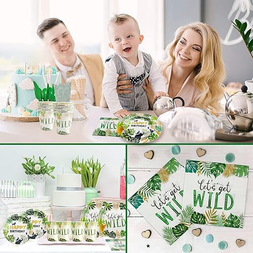 Miniatura 5 de Juego de vajilla de decoración de cumpleaños de safari, suministros de fiesta temática de selva de animales, incluye platos, servilletas, manteles,