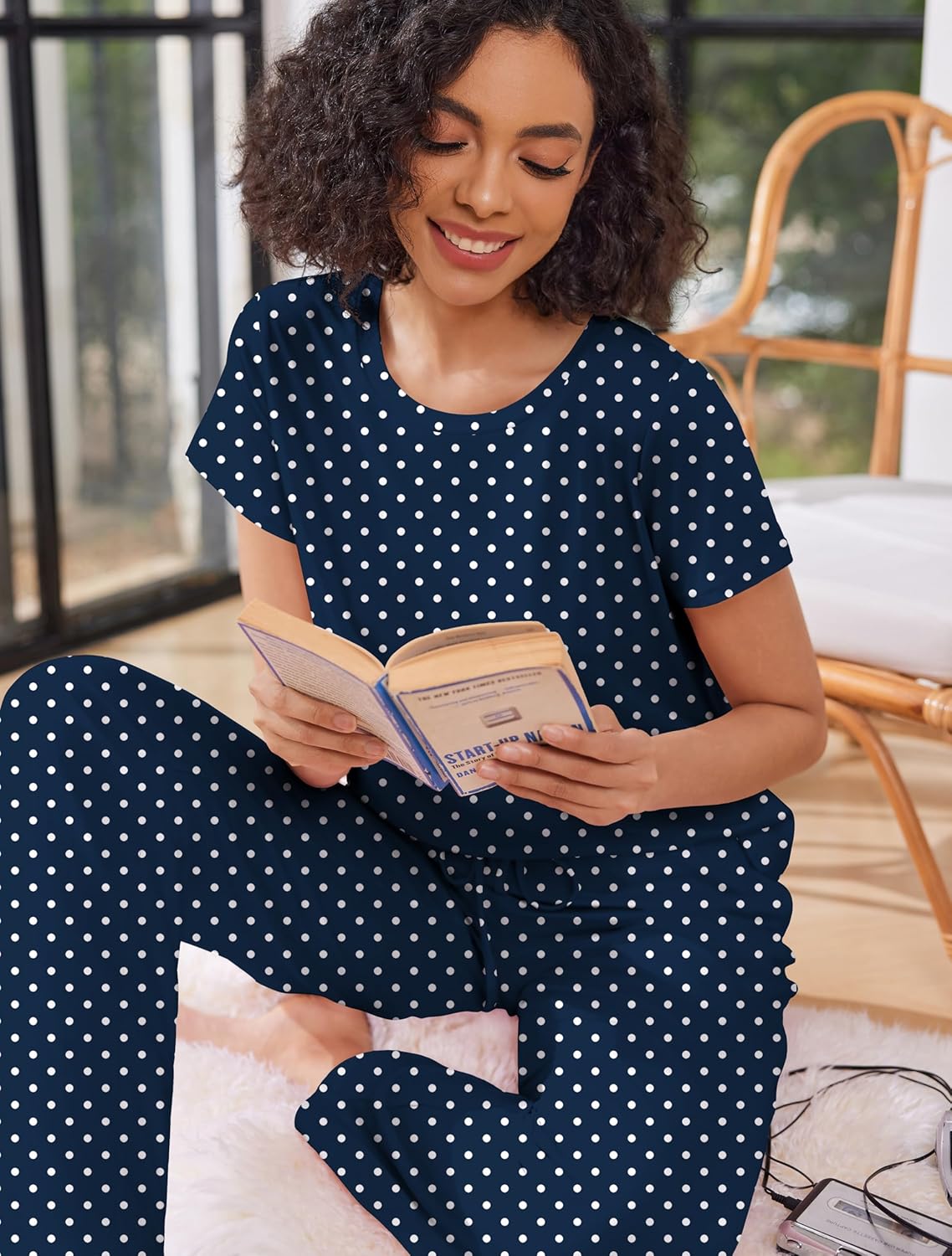 Ekouaer Pajama Sets for Women Round Neck Pjs Short Sleeve Sleepwear with Long Pants Loose Lounge Sets - Image 2