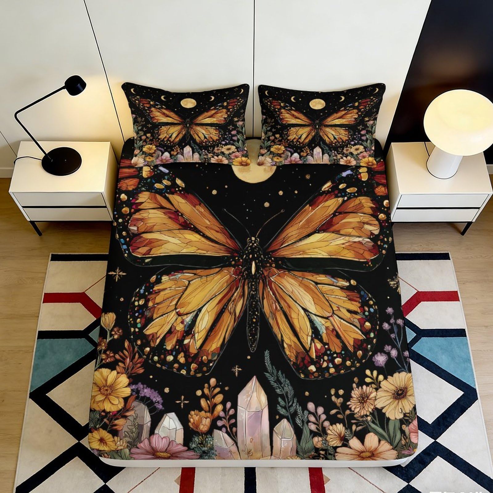 Pnayamiorkfel Style-5 3D Printed Monarch Butterfly Fitted Sheet Microfiber Black Floral Crystal Bed Cover For Bedroom Guest Room Decor 90X200x25cm