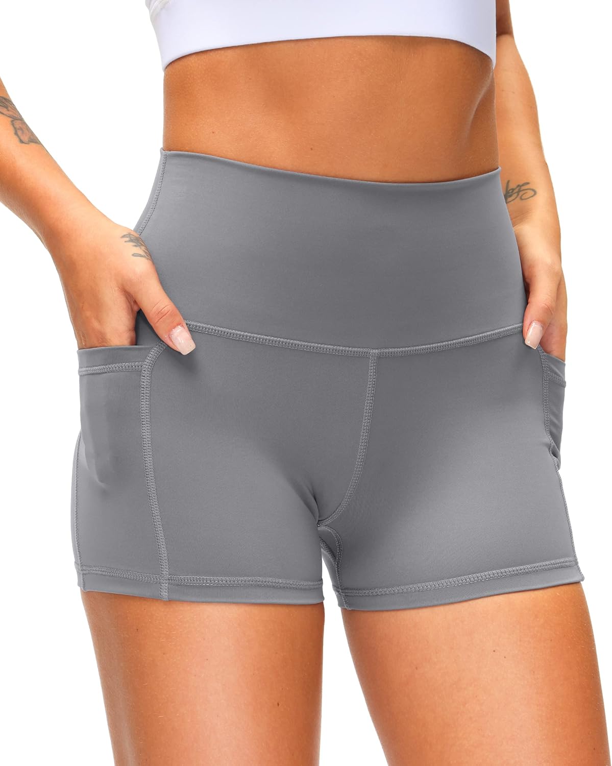 Soothfeel Women's High Waist Yoga Shorts with Side Pockets Tummy Control Running Gym Workout Biker Shorts for Women 5" /3" - Image 3