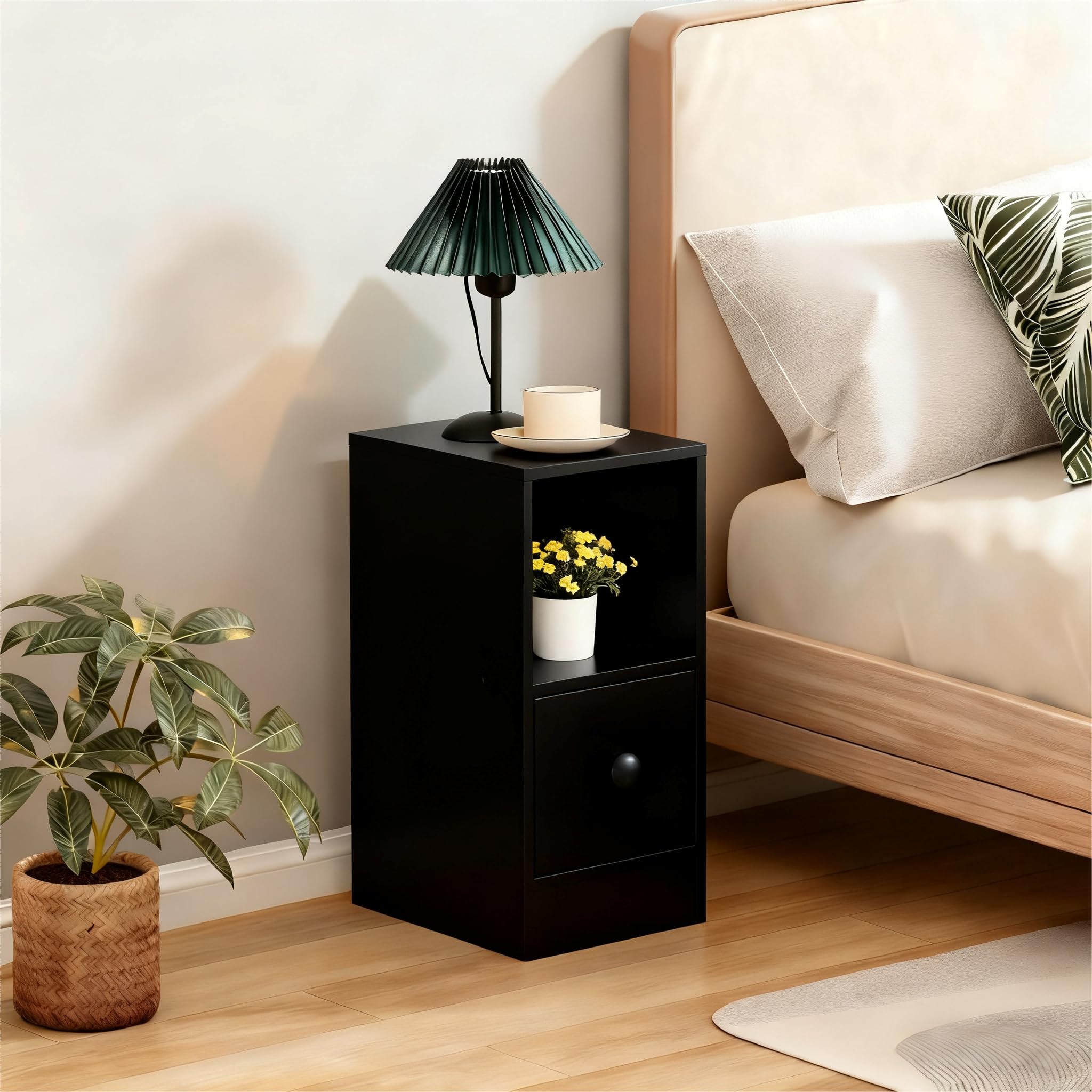 Sanery Slim Bedside Cabinet, Narrow Nightstand Side Table, Bedside Table with Drawer & Open Shelf for Bedroom, Living Room Sofa Side End Table (Black) โ image 1