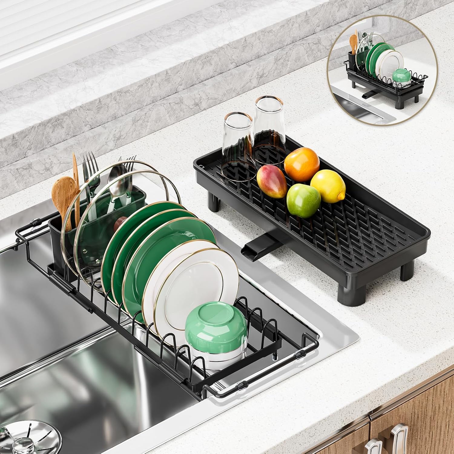 SanDream Dish Drying Rack, Small Over Sink Dish Drying Rack, Expandable Over the Sink Dish Drying Rack with Drip Tray for Kitchen Counter & in Sink