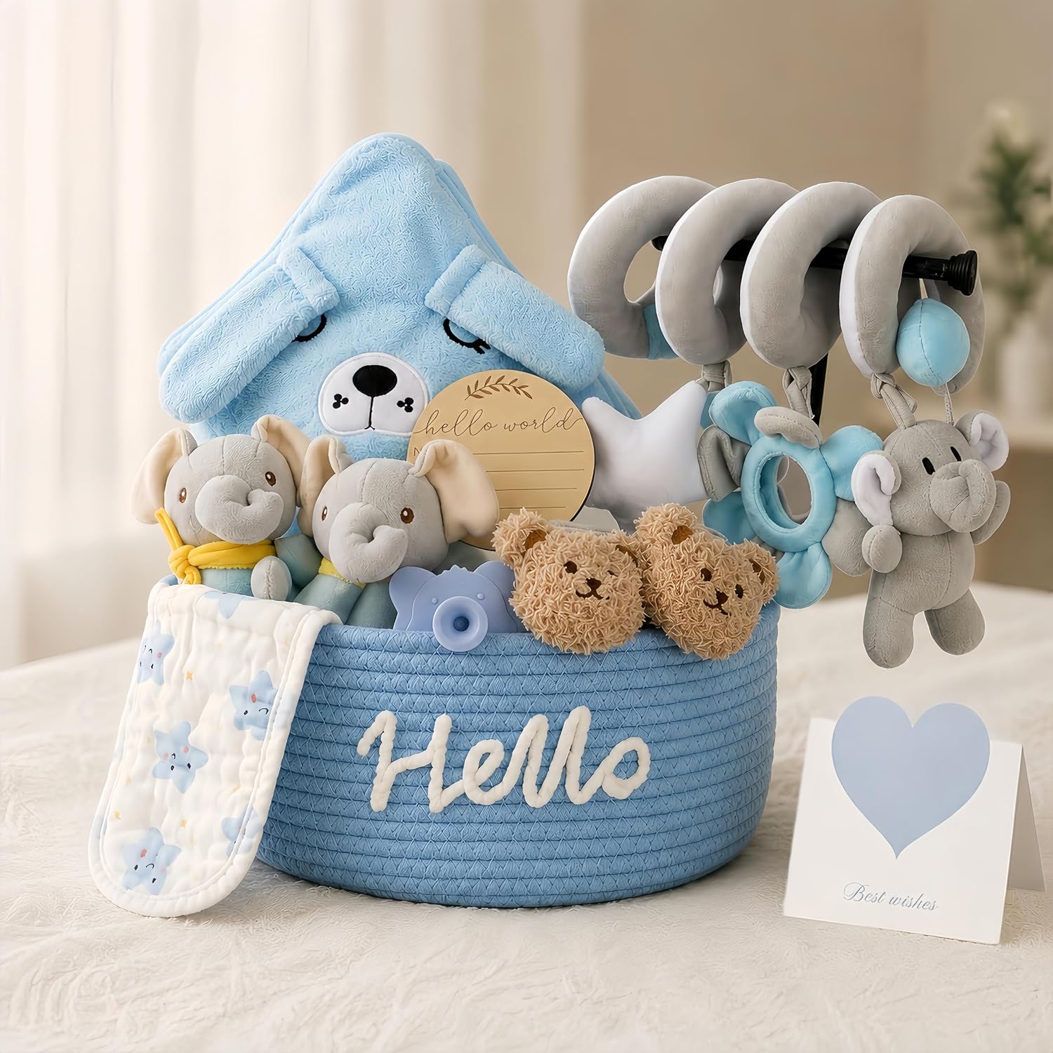 New Baby Boy Gifts Basket, 11-Piece Newborn Baby Gifts for Boy with Hooded Towel, Rattle, Pram Toy & Keepsake Basket, Gift-Ready Baby Shower Gifts for New Parents & Baby Essentials for Newborn