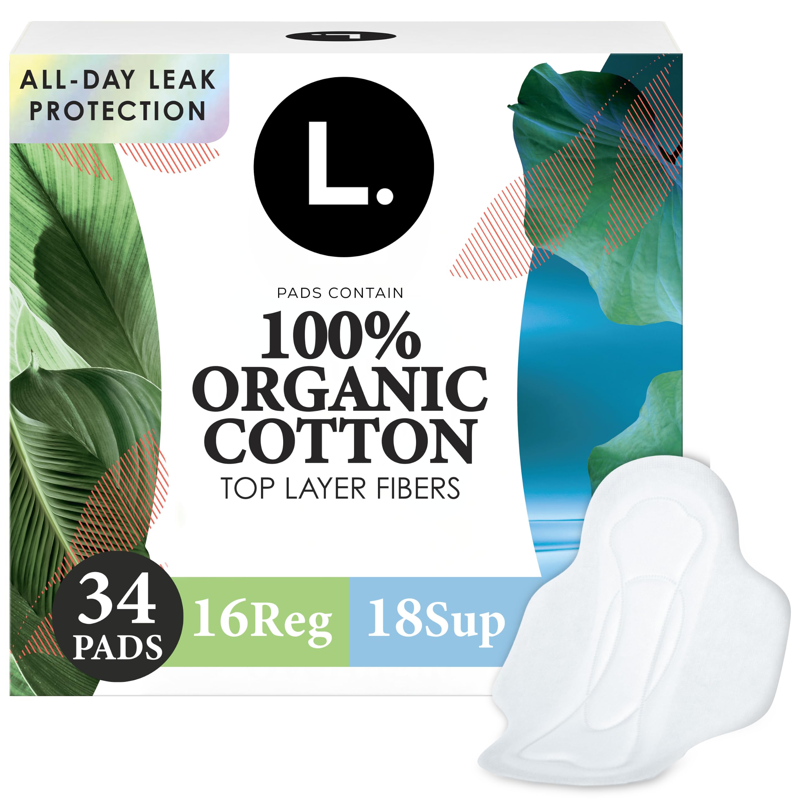 L. Ultra Thin Pads for Women, Organic Cotton Top Layer, Regular + Super Duo Pack Absorbency, Menstrual Pads with Wings, Made Without Synthetic Pesticides and Fragrances, 34 Count