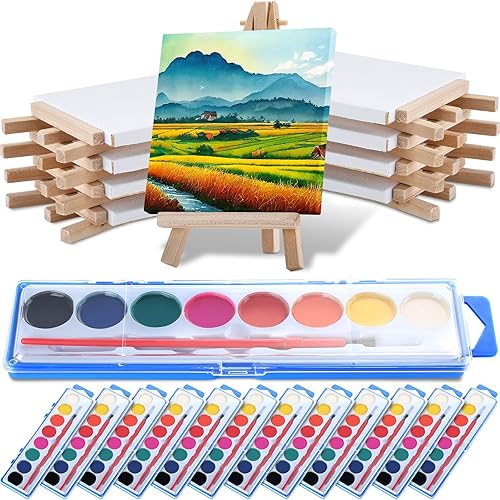 Juego de 24 mini caballetes de lienzo que incluye 8 colores de pintura de acuarela a granel con lienzos y caballetes de 4 x 4 pulgadas, pintura de