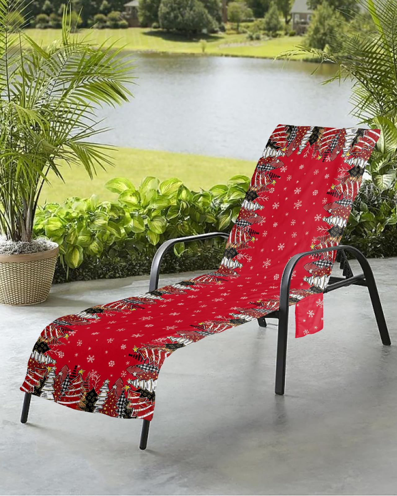 Red Christmas Tree Beach Chair Towel Covers for Chaise Lounge with Side Pocket, Soft Plush Pool Towels Cover for Patio Sunbathing Outdoor 29''x85'' Snowflake Star Lattice Polka Dots
