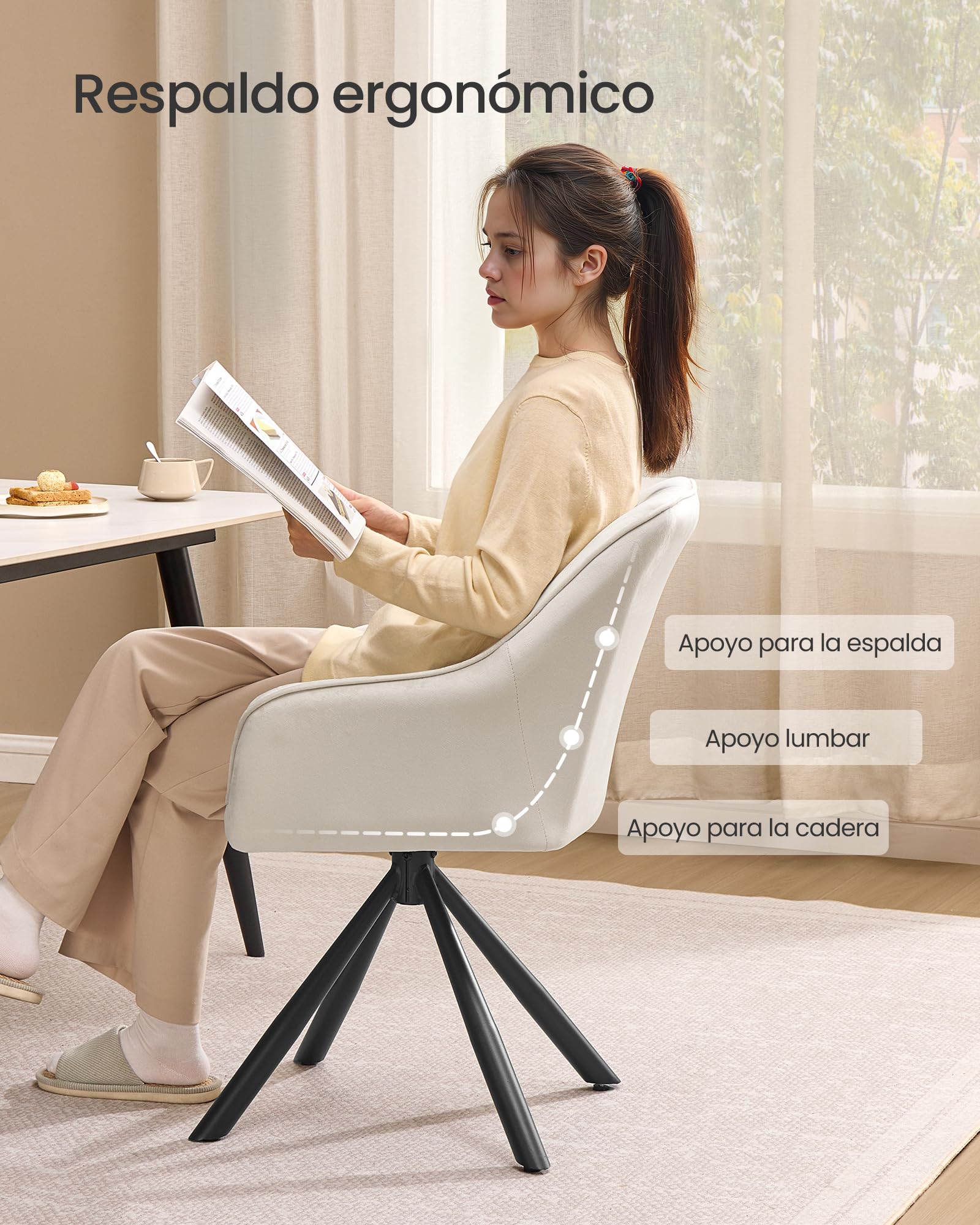 SONGMICS Silla de Comedor, Sillón Giratorio, Terciopelo, Tapizado con Reposabrazos, Capacidad de Carga 120 kg, Patas de Acero, para Comedor, Cocina, Beige Capuchino y Negro Tinta KDC161LH01
