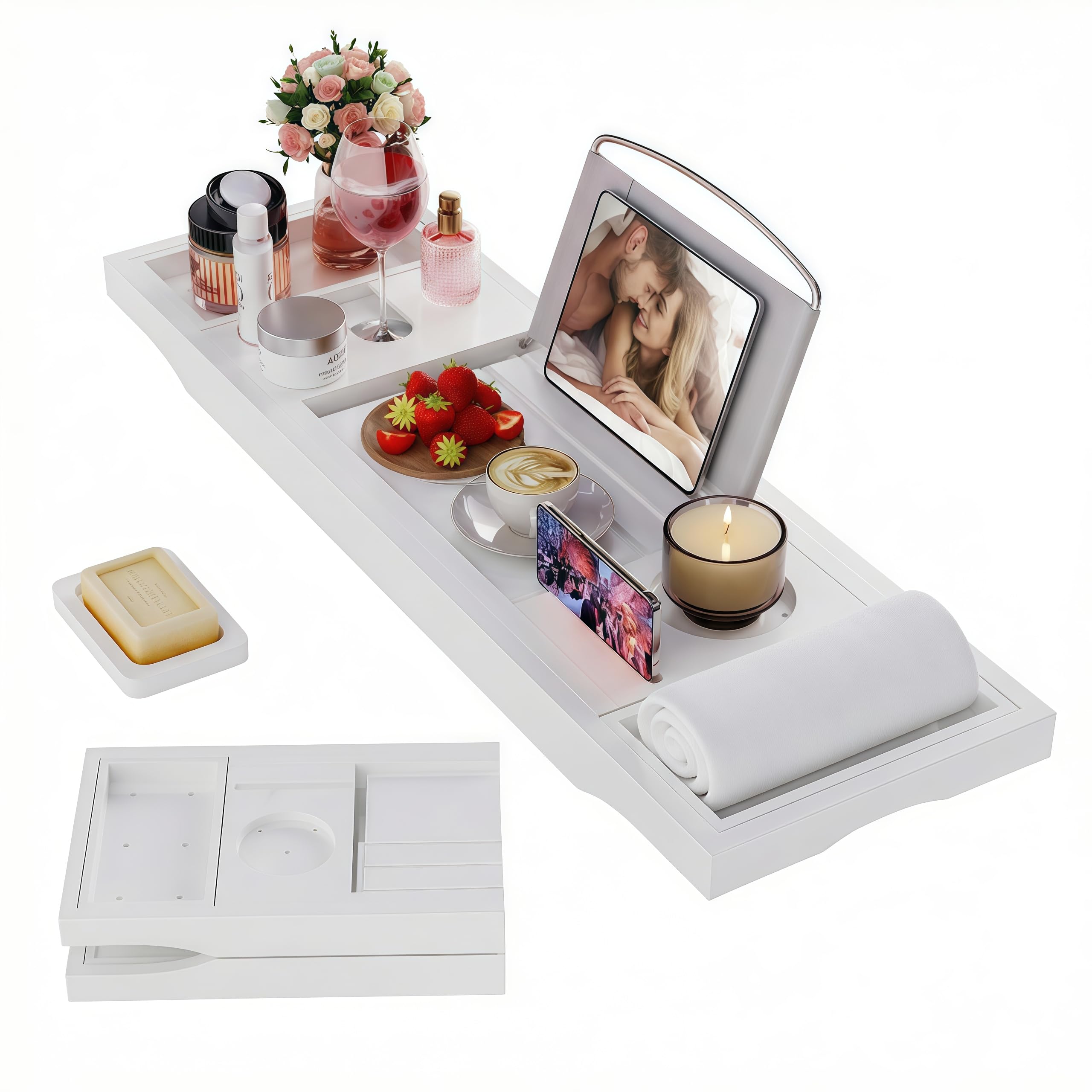 Foldable Bathtub Caddy Tray, Bamboo Bath Tub Tray Table for Tub with Wine Glass Holder Book Phone Tablet Holder with Extending Sides, Adjustable