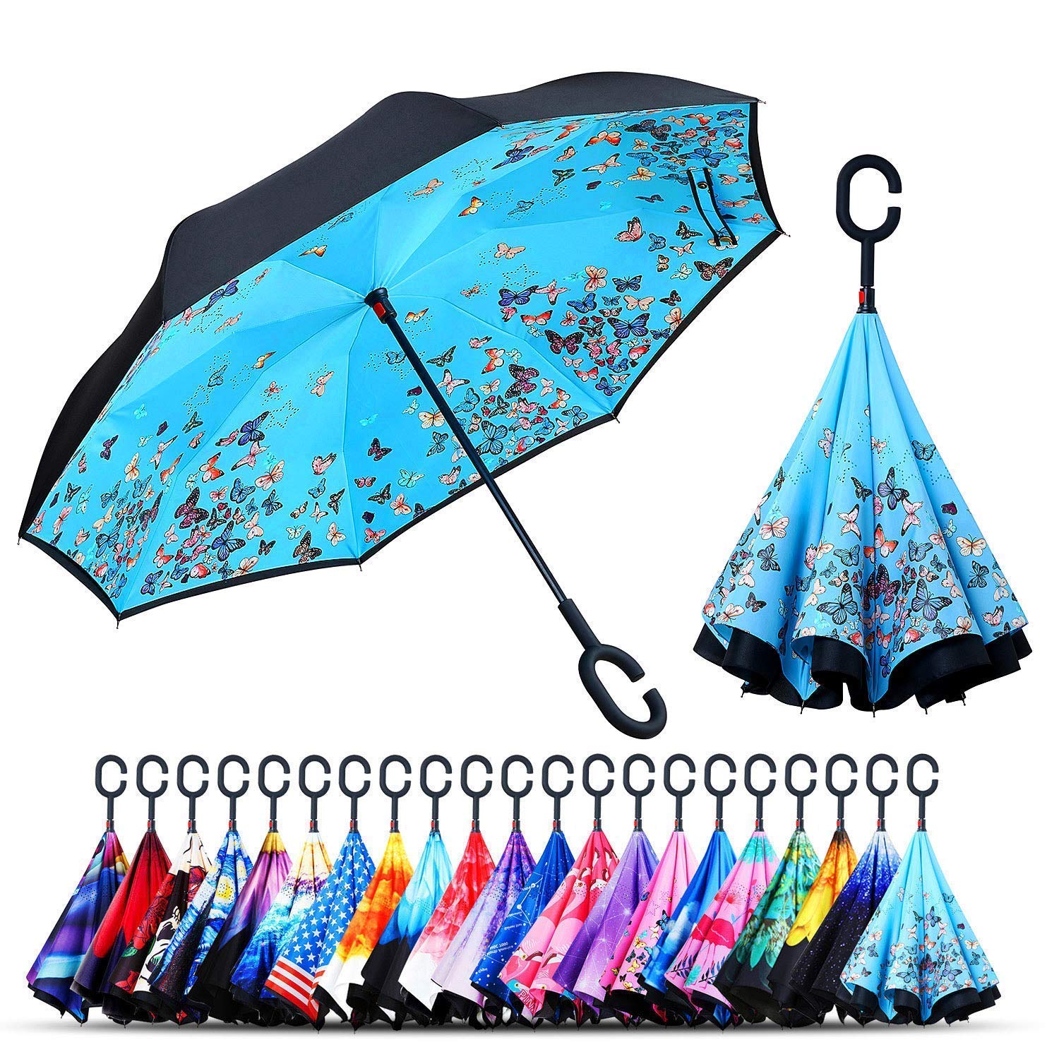 Luvina ☂☂☂C Handle Umbrella Double Layer Inverted Reversible No Drip Umbrella with C Shape Handle - Multi Design Send