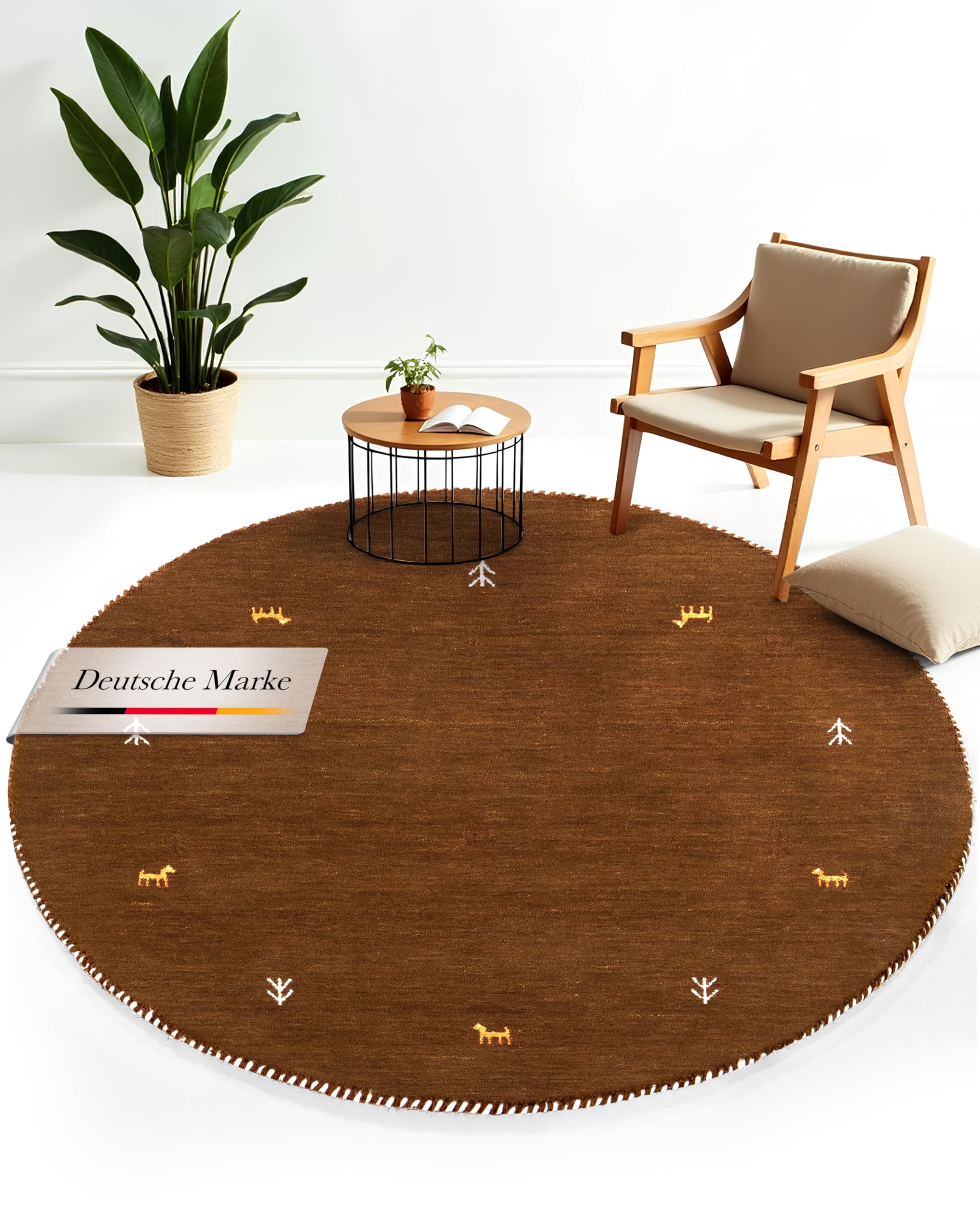 carpetfine Wollteppich Gabbeh Uni Rund Braun Ø 120 | Moderner Teppich für Wohn- und Schlafzimmer