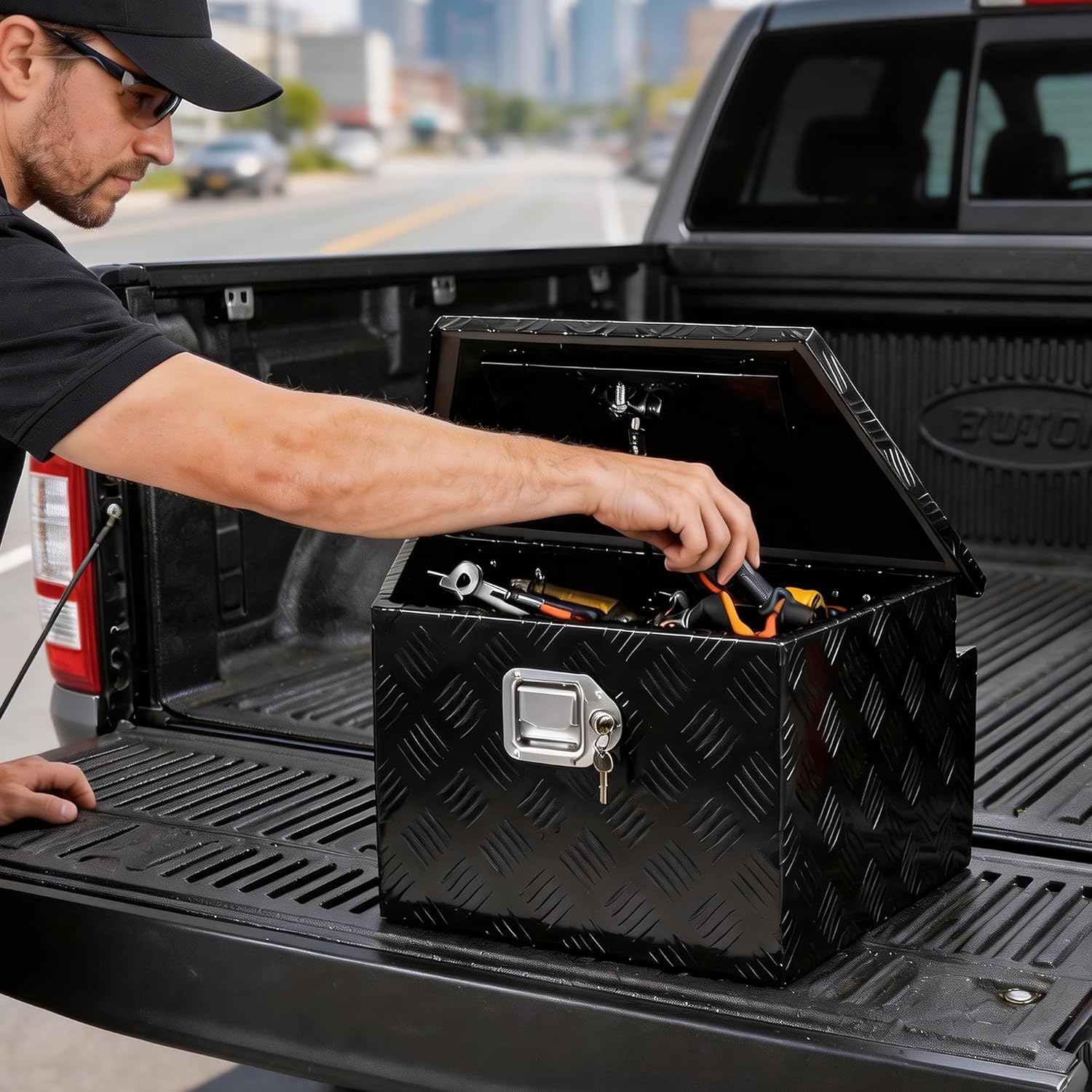 LucaSng 26 Inch Trailer Tongue Tool Box, 26"X13.3"X12" Aluminum Trailer Tool Box with Lock and 2 Keys, Heavy Duty Trailer Storage Box for Pickup Truck Bed, Black