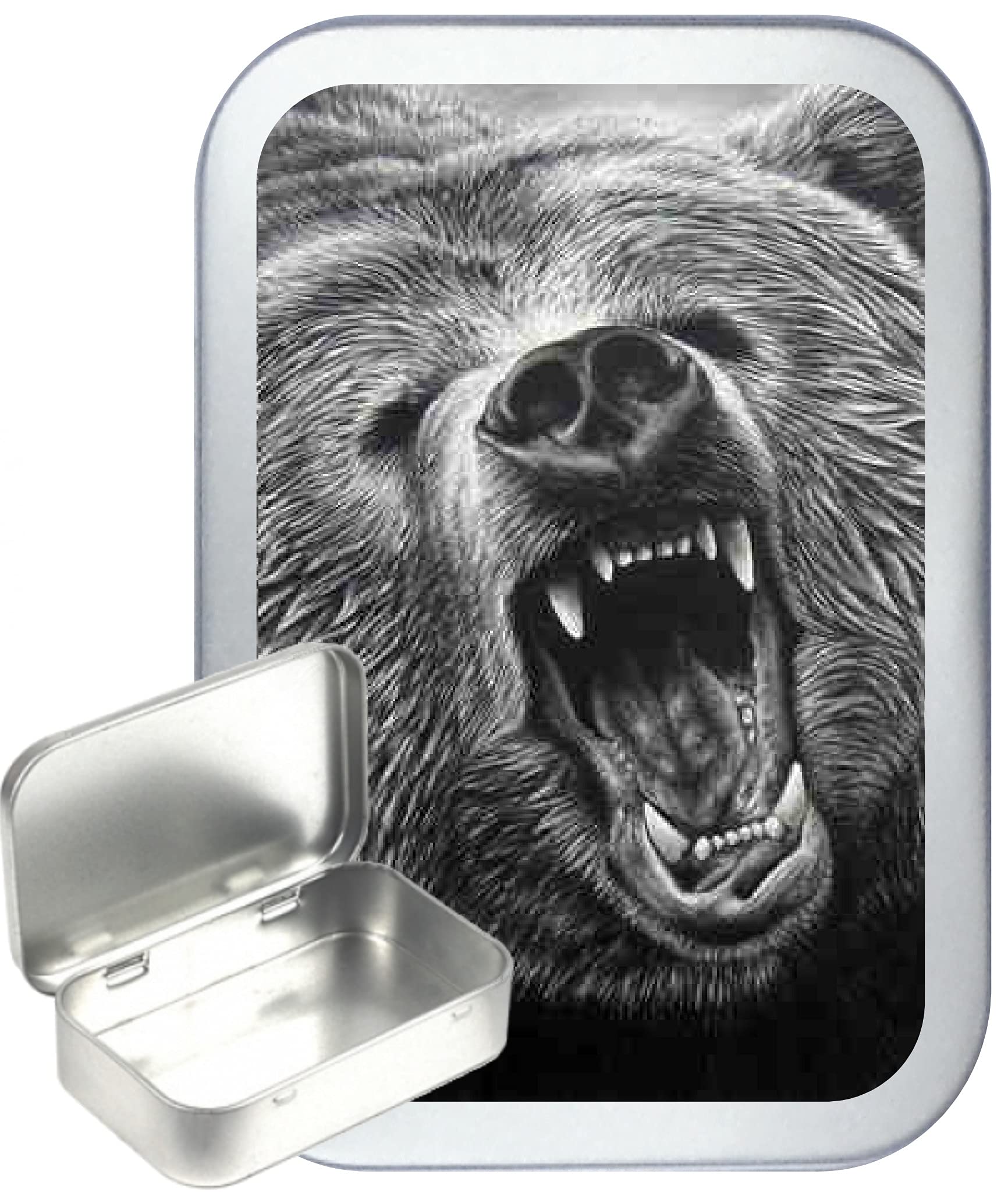 Teez Silver Bear Roar 50Ml Hinged Tobacco Tin, Hinged 1Oz Tobacco Tin
