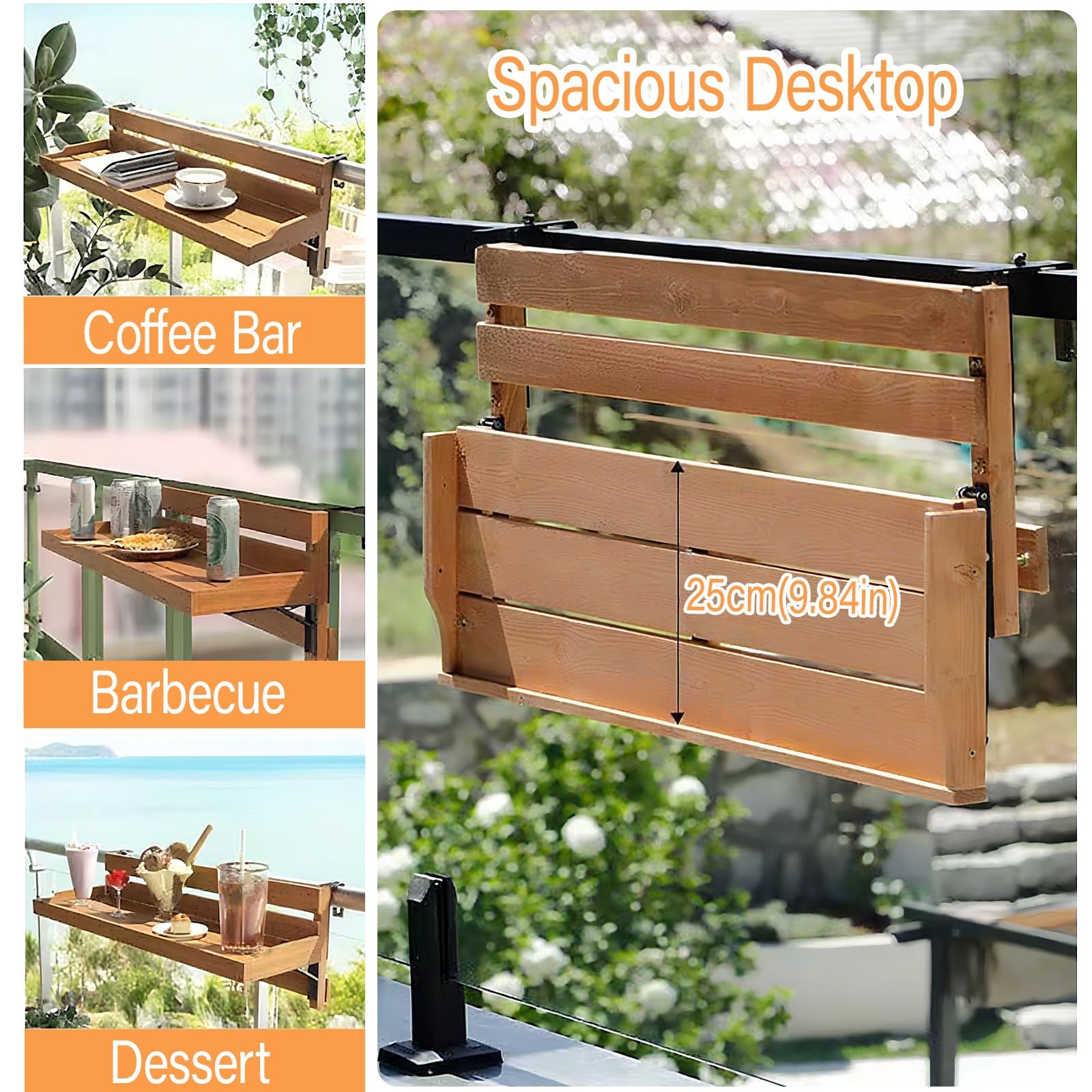 Tavolo da balcone pieghevole regolabile 120 cm tavolo da patio compatto pieghevole tavolo da patio con ringhiera salvaspazio tavolino da giardino portatile per interni/esterni