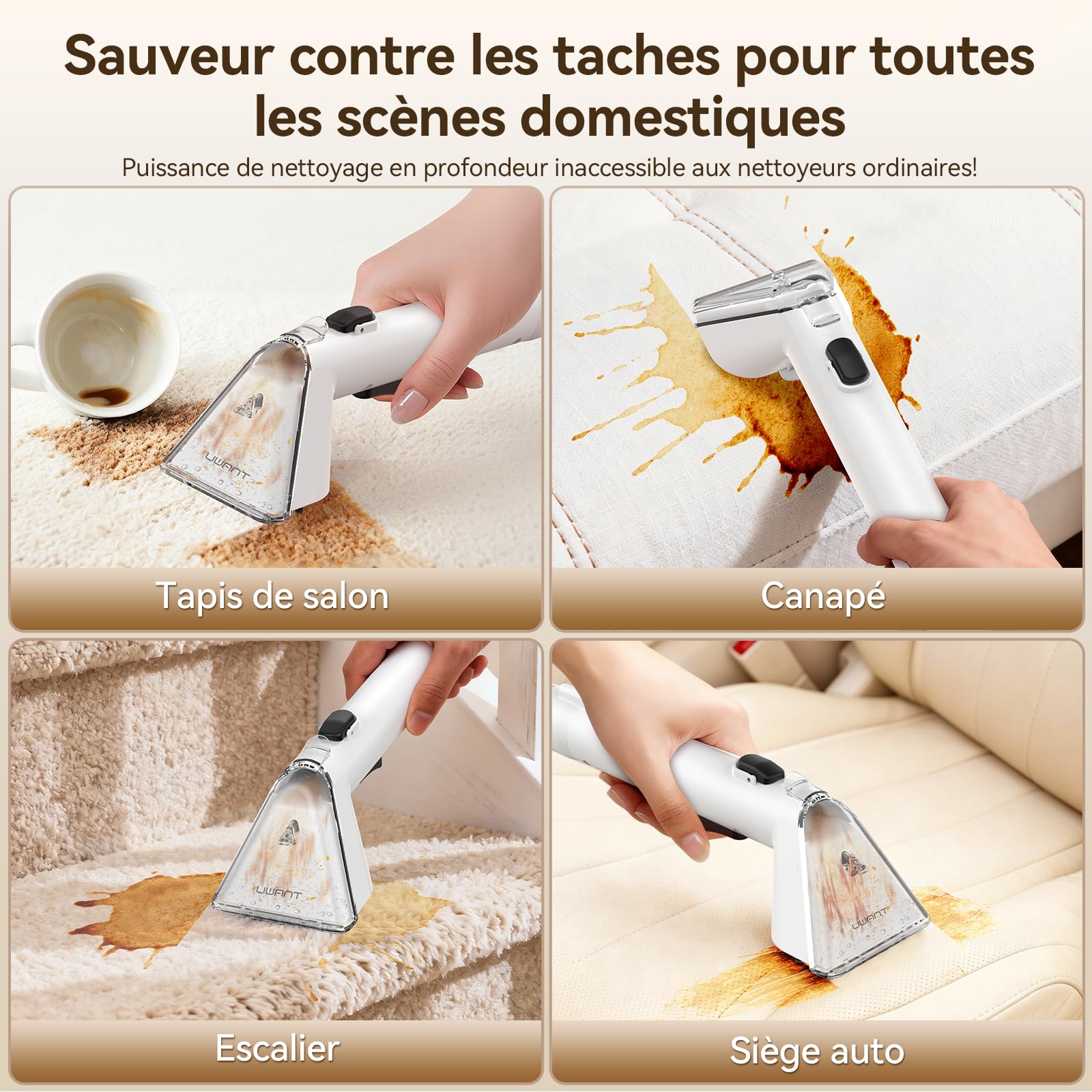 Uwant Y100 Steam 3-en-1 Shampouineuse, Nettoyeur Canapé Tissu 18KPA, 1750W, Nettoyeur Vapeur 100°C, à l'Eau Chaude 65°C, à l'Eau Froide, Auto-nettoyage, Injecteur Extracteur Tête Multi, Détergent