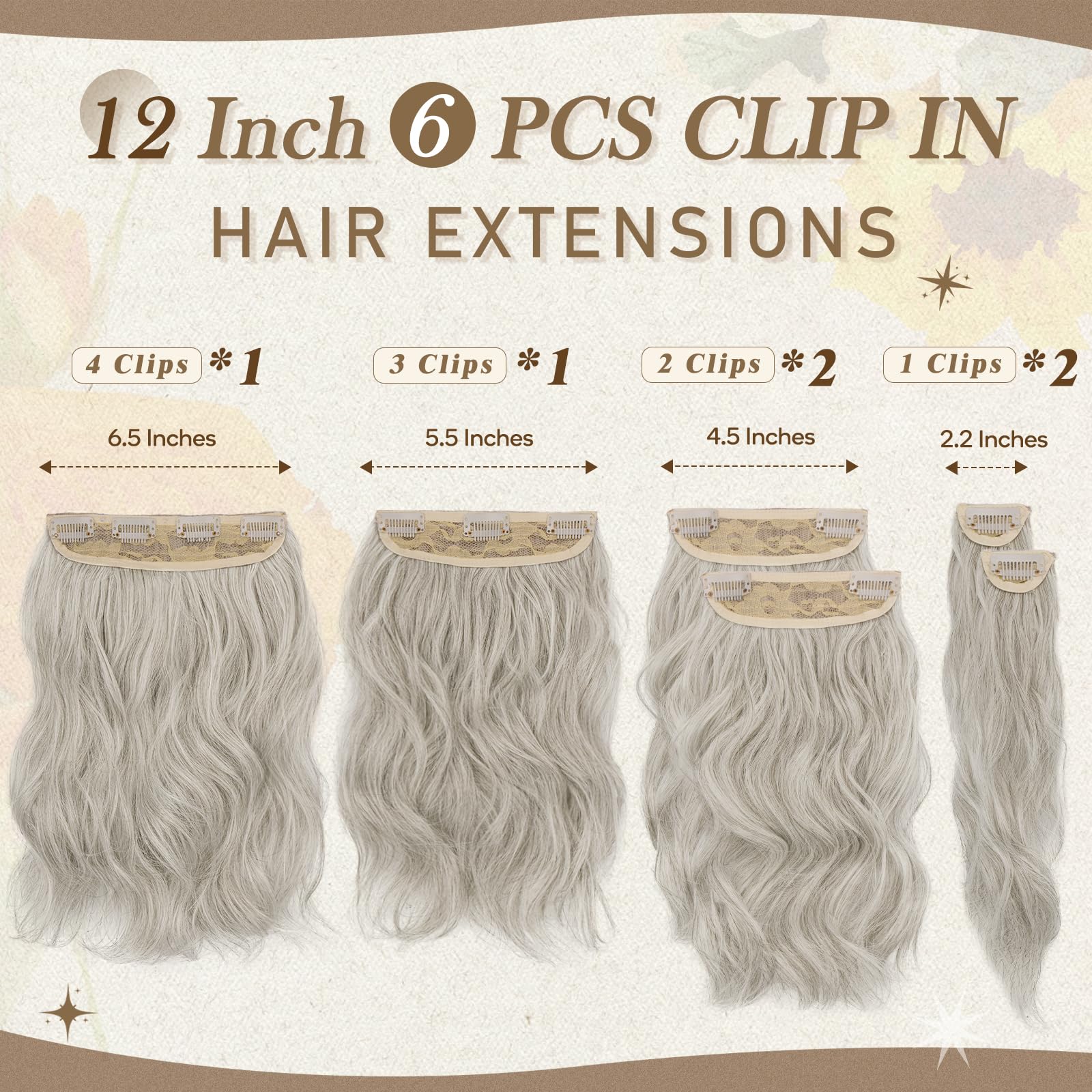 BARSDAR Extensiones Clip Pelo Natural, 30cm Gris Extensiones de Cabello para Mujer 6 Piezas Rizado Natural Extensión de Pelo Sintética Clip en Postizos Fiesta Diaria - Gris Plata