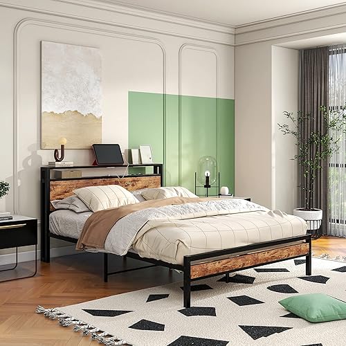 Miniatura 37 de Base de cama de tamaño matrimonial con cabecera de almacenamiento/estación de carga USB, marco de cama de plataforma de metal, tamaño matrimonial,
