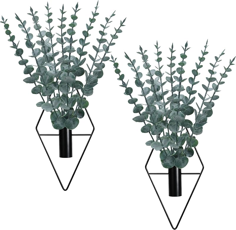 Der Rose 2 maceteros colgantes de pared de metal para decoración de pared de baño, color negro | Jarrones de pared geométricos modernos con tallos de eucalipto sintético de 18 piezas para decoración bohemia de sala de estar, dormitorio, baño y entrada