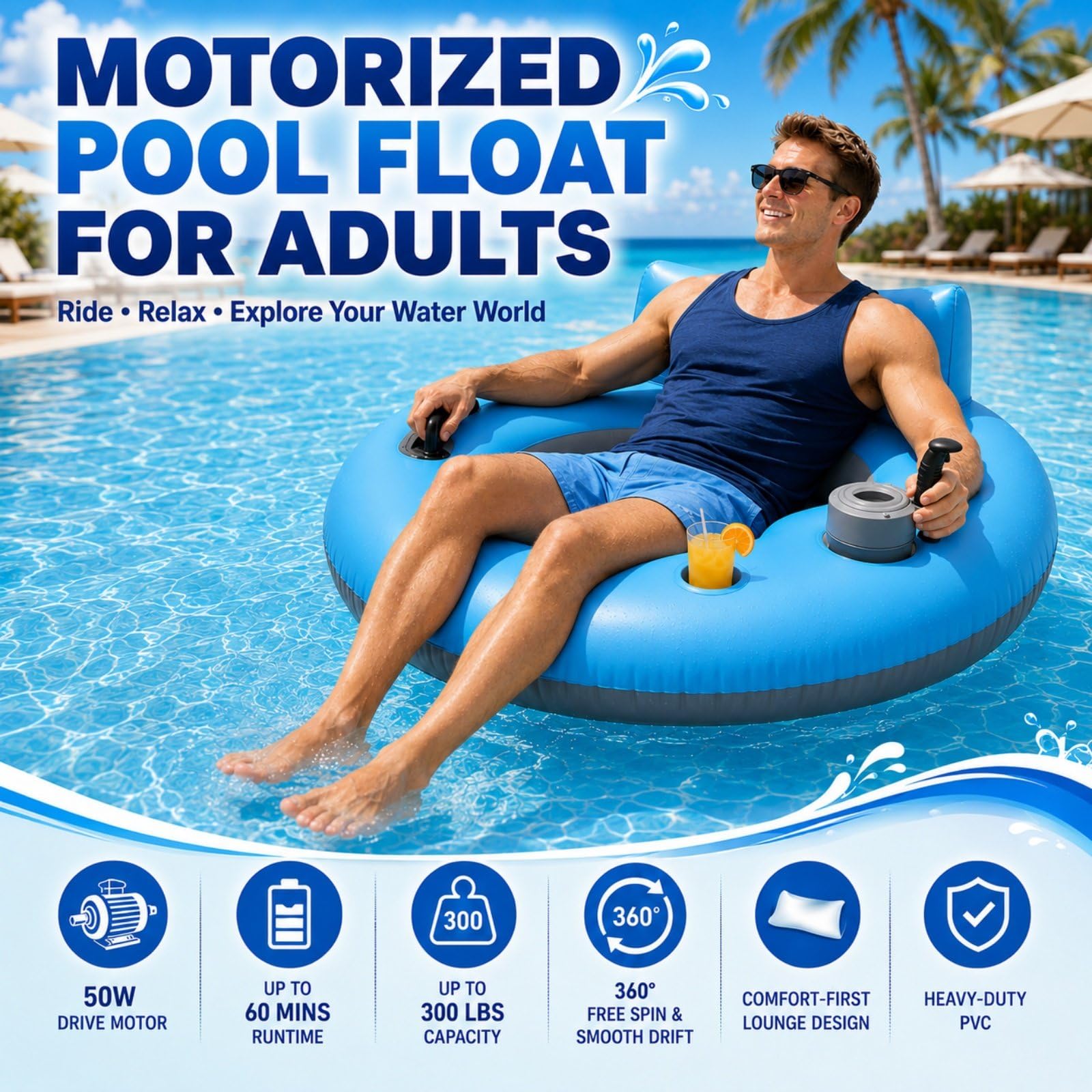 Flotador Motorizado para Piscina, Motor 50 W, Joystick 360° | PVC Grueso, Capacidad 136 kg, Autonomía 60 Min para Usuarios 14+ en Piscina, Lago, Ríos Tranquilos