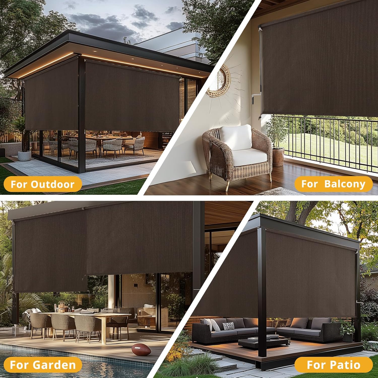 sunoff Patio Shades Roll Up Outdoor, Cordless Porch Roller Shades Blinds with Shade Cloth for Gazebo Pergola Balcony Backyard, 2 Poles & 1 Fabric, Mocha, 48" Wx72 H