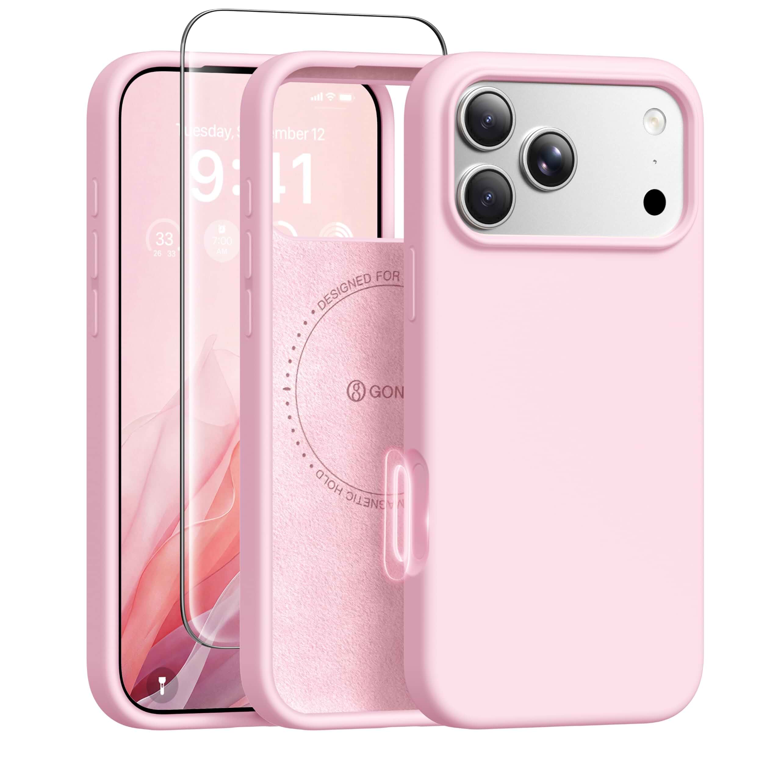 GONEZ for iPhone 18 Pro Case/iPhone 17 Pro Case, Pastel Pink Fit for MagSafe, Screen Protector, Full Camera Protection, Premium Silicone Cover Shockproof Drop Protection Slim Phone Case