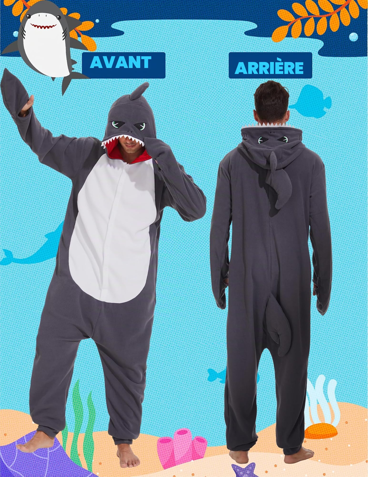 Costume Requin Halloween Cosplay Unisexe Adulte Grenouillère Pyjama Dessin Animé Féroce Habillage Fête pour Femmes Hommes