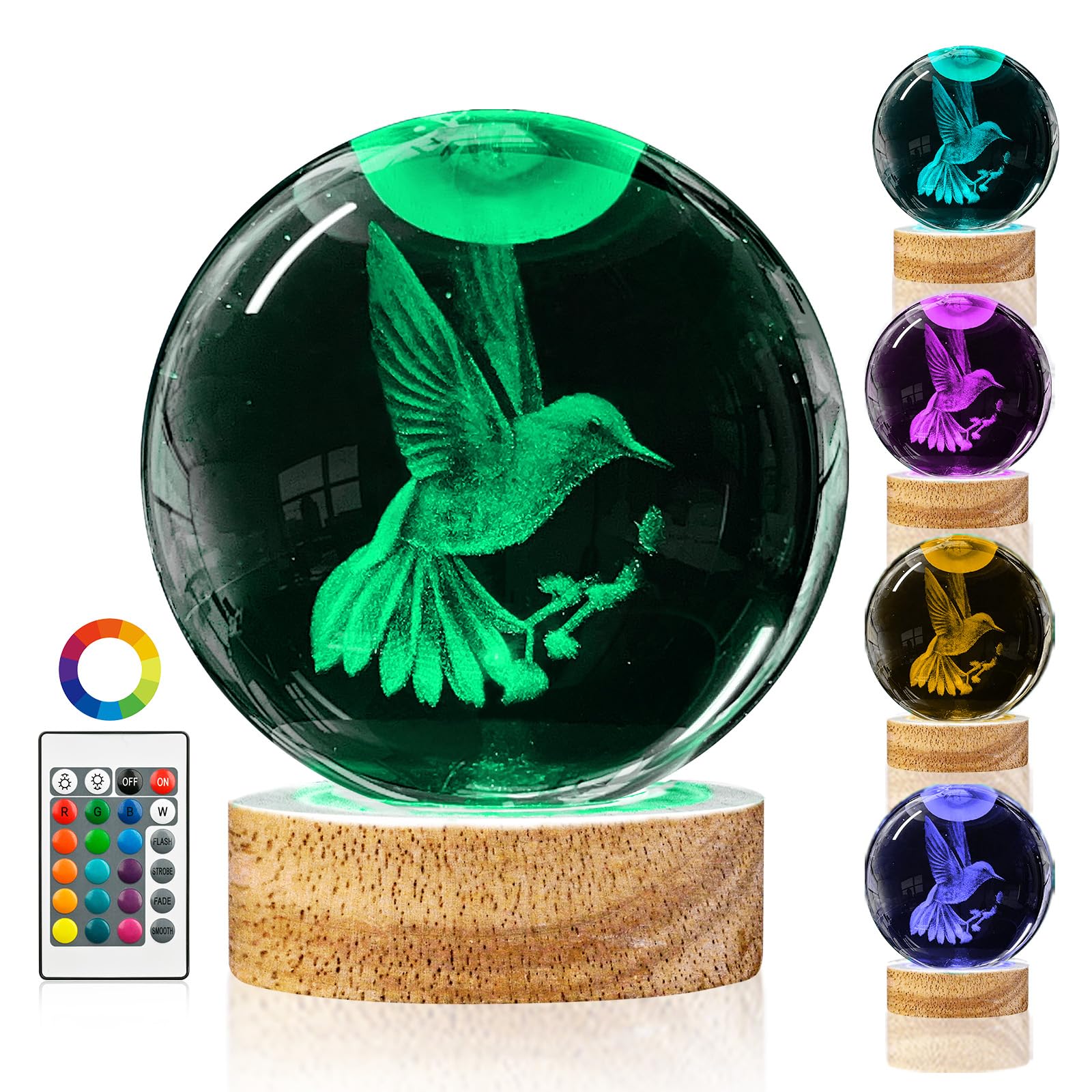 3D Hummingbird Crystal Ball Night Light with Remote Upgraded 3.15 In Hummingbird Figurine Glass Ball Lamp with 16 Color Wooden LED Base Cute Hummingbird Home Decor Gifts for Kids Teens Women — image 1