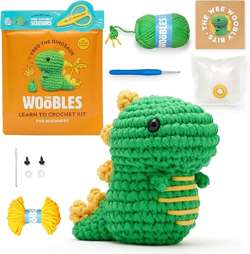 The Woobles Beginner Crochet Kit with Scissors Kit - Fred the Dinosaur