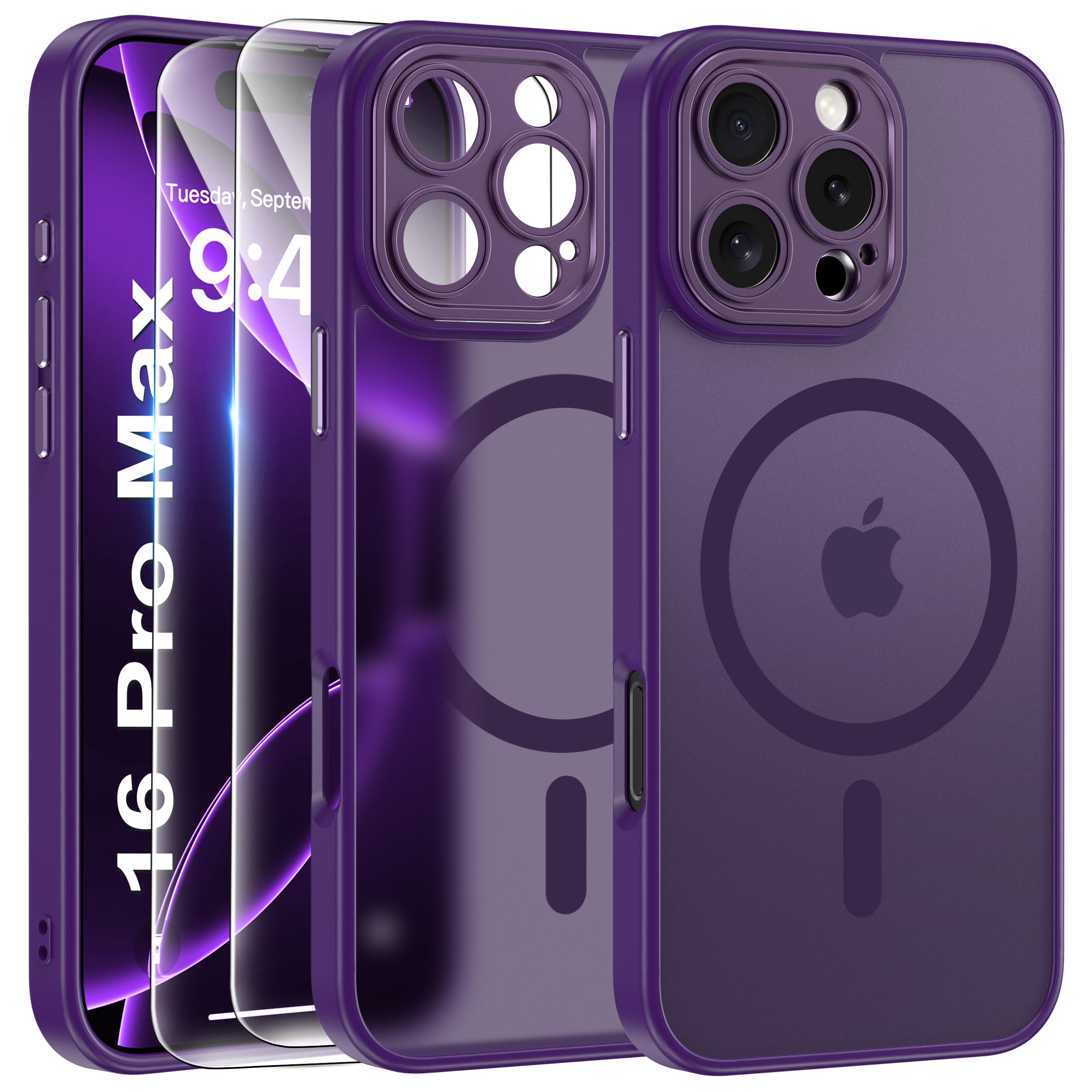 FLLAO Cover Magnetica per iPhone 16 Pro Max Custodia e 2 Pellicole in Vetro Temperato, Cover iPhone 16 Pro Max Compatibile con Magsafe, Traslucida Sottile Antiurto Protettiva Case, Viola Scuro