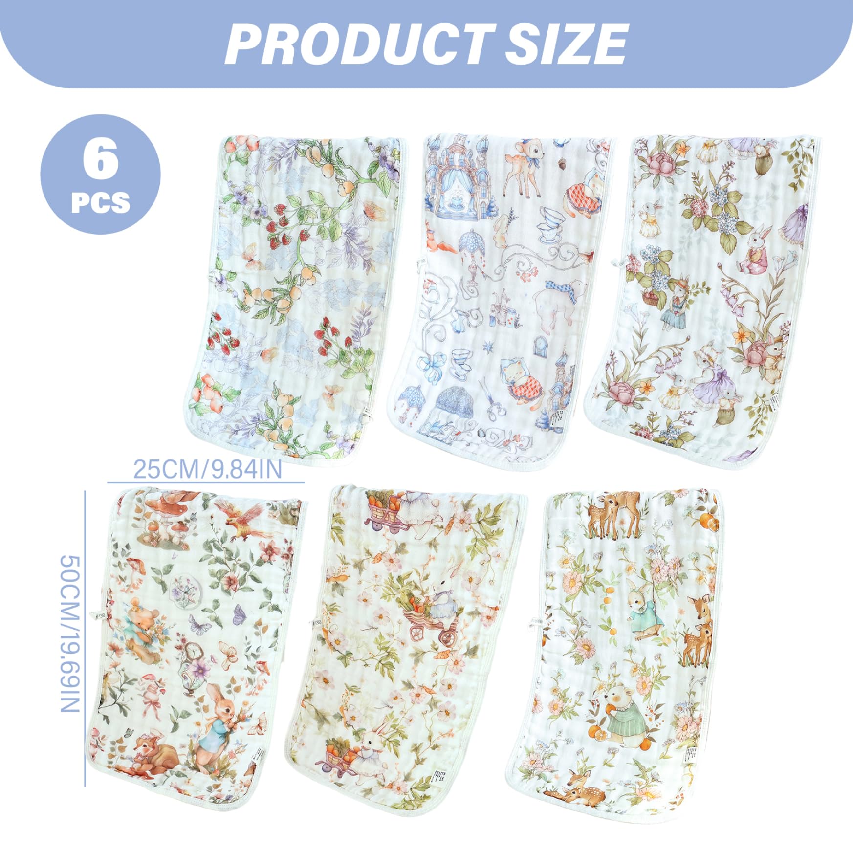 Gcroet Lot de 6 Chiffons à rots pour bébé, 20 x 10 cm, Chiffons à rots en Mousseline Douce et absorbante avec Corde de Suspension, multifonctionnels respectueux la Peau pour bébés, Nouveau-nés.