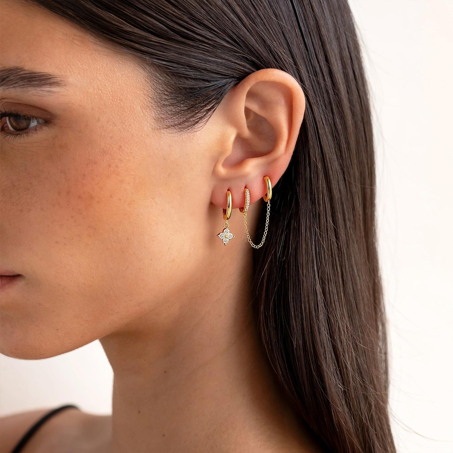 Earrings Stacks for Women Small Hoop Earrings with Gold Layered Helix Chain Secure Locking Backs for Cartilage Double Piercings Wedding Prom Dress Jewelry Accessories Christmas Gifts - Image 3