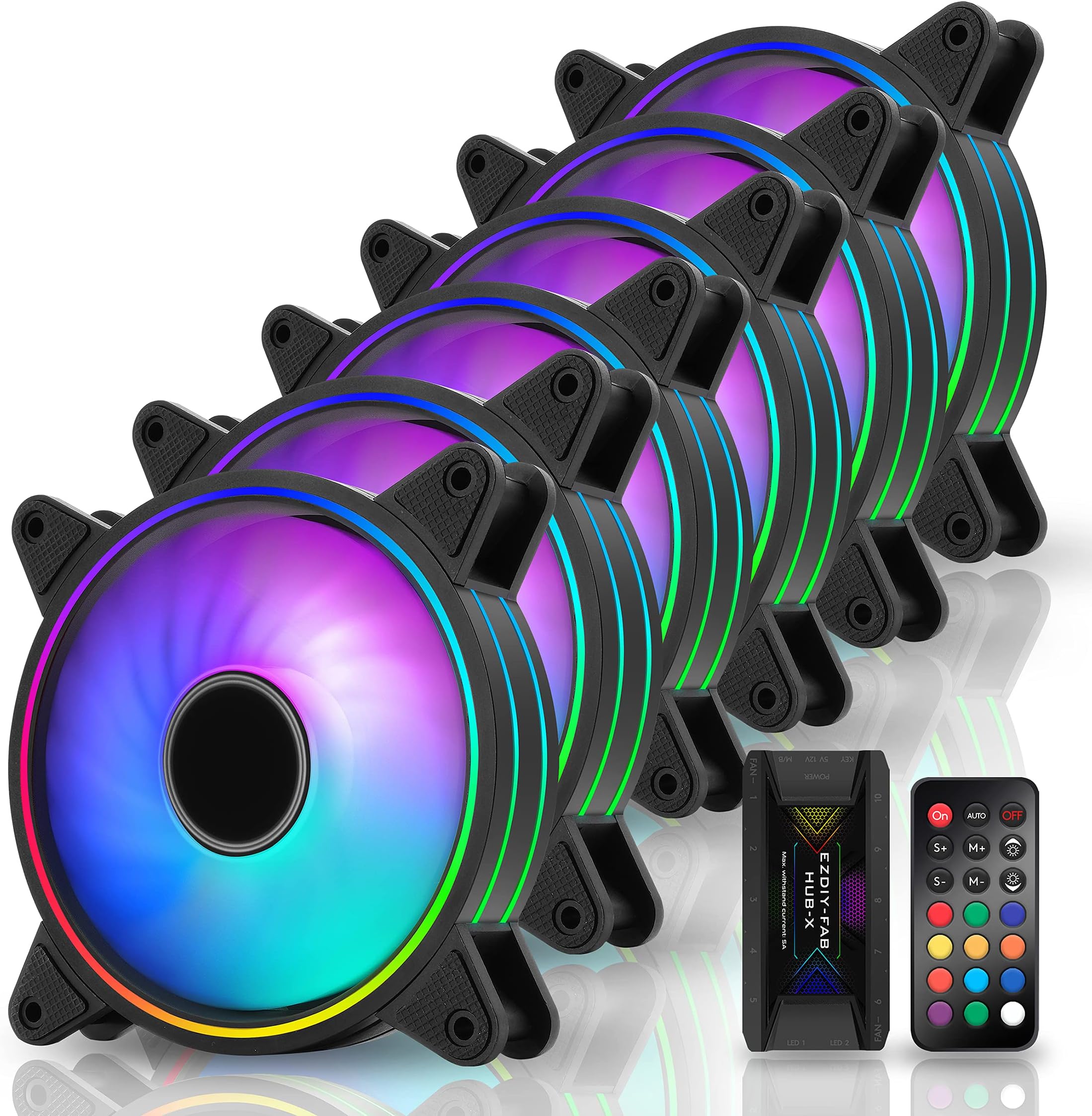 EZDIY-FAB Moonlight 120mm RGB Case Fan, 6 Pack, ARGB, Aura SYNC, Speed Control, 26.16 CFM, Desktop Compatible