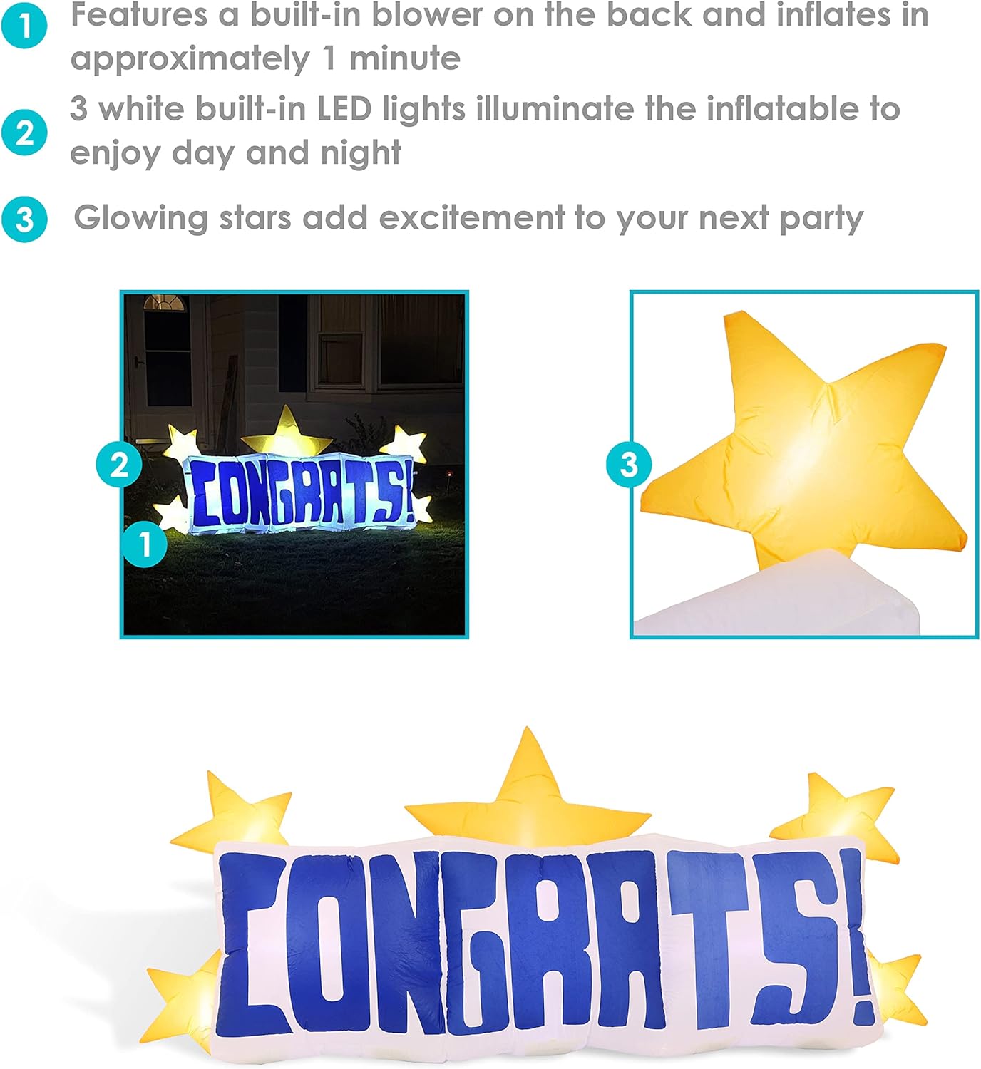 Sunnydaze Congrats Star Banner LED Inflatable Party Decoration - Indoor or Outdoor Use - Graduation, Retirement, Engagement or Other Party - 8-Foot