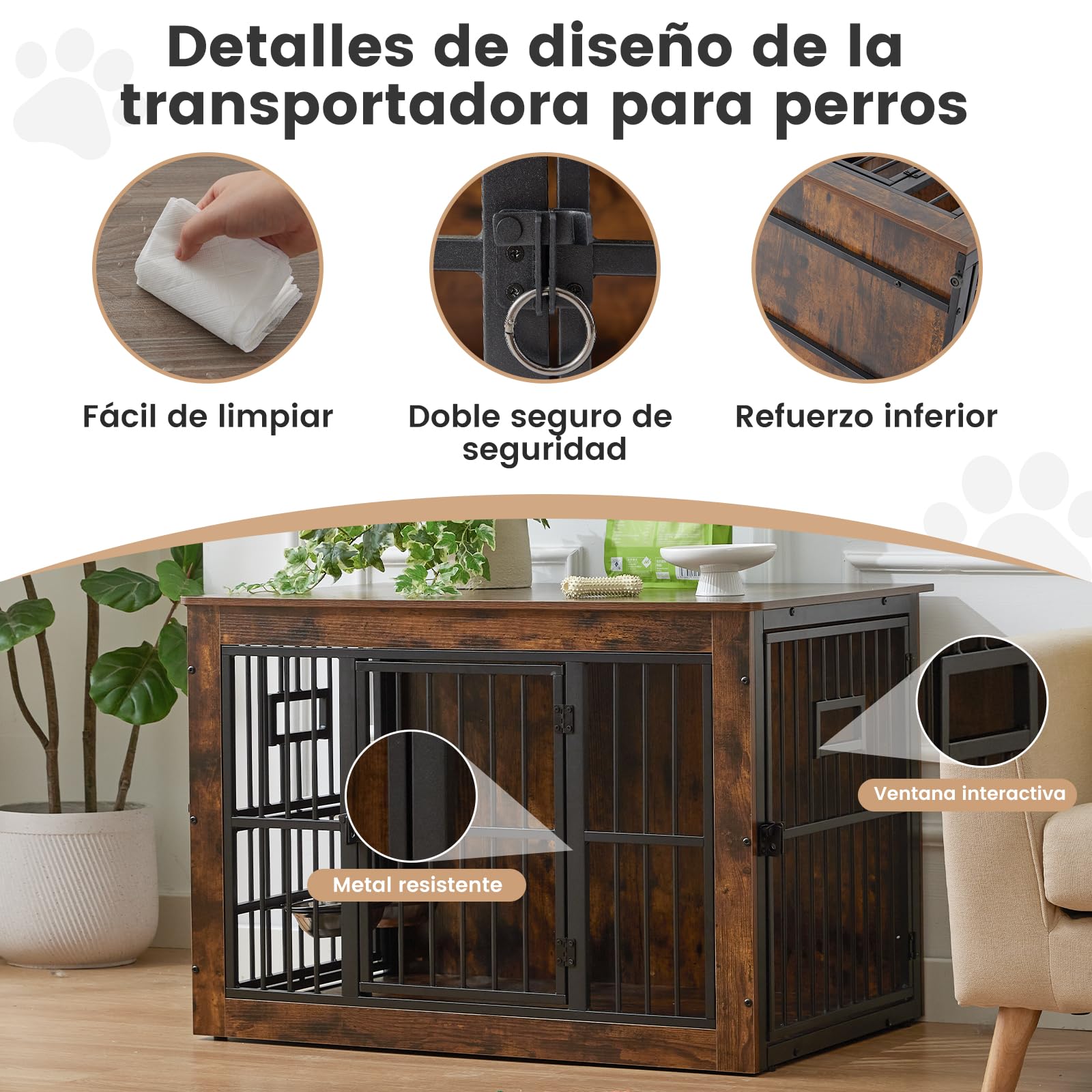 Gardner Pet 99cm Jaula para Perros, Jaula Perro Grande Mueble, con 3 Aberturas Superiores para Alimentación en Jaula para Perros de Madera, 3 Puertas, 99x65x69cm, Marrón