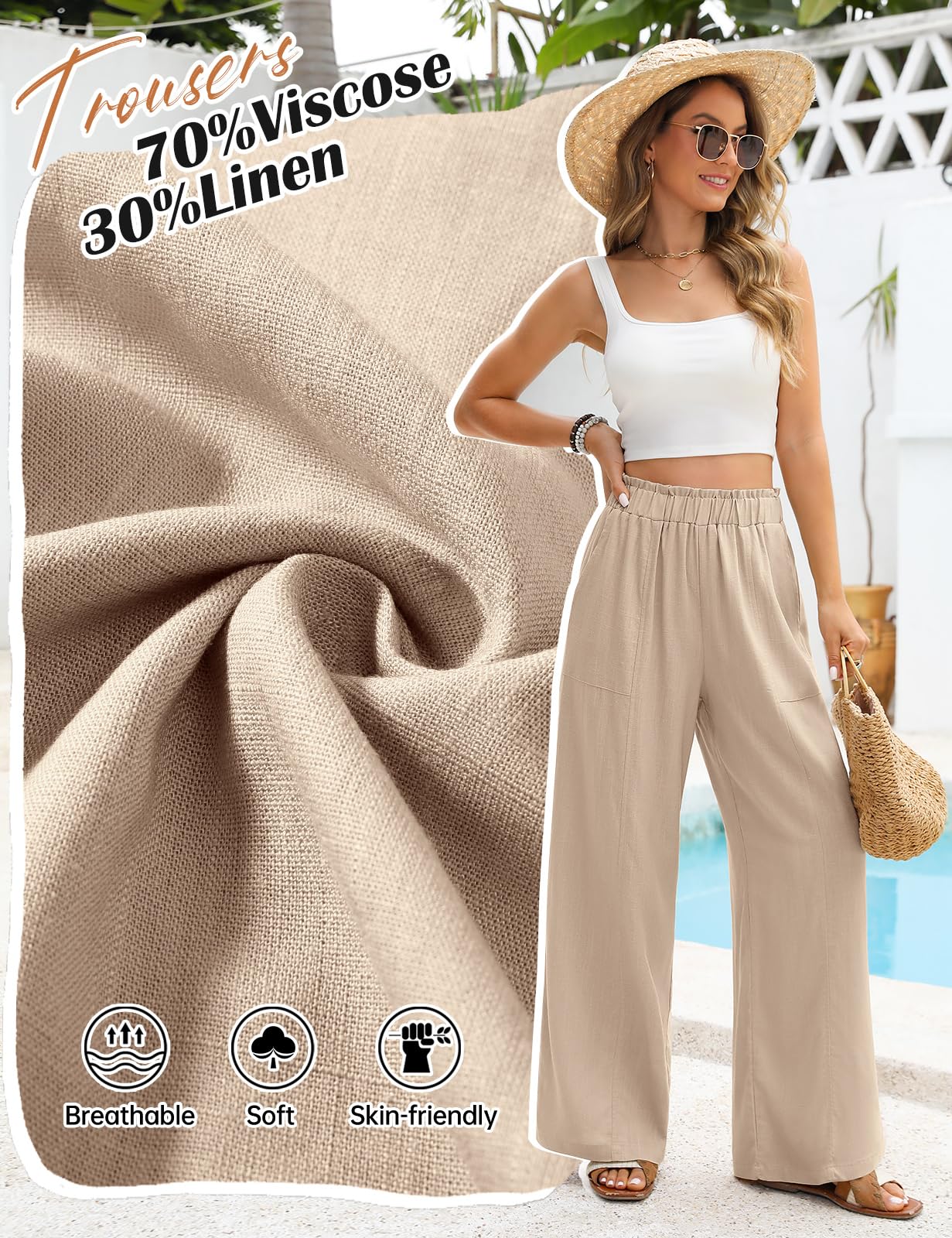 Leinenhose Damen Sommer Hosen Leicht Weite Bein Palazzo Hose Elastisch Taille Dehnbar Elegante Sommerhose Lockere Geschnitten Luftige Strandhose Freizeithose mit Taschen