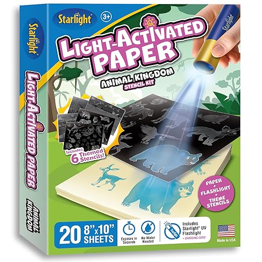 Starlight Light-Activated Paper Art Kit – Animal Kingdom Theme, Mess-Free Craft for Kids Ages 6, 7, 8, 9, 10, DIY Creative Gift with UV Flashlight for Boys & Girls