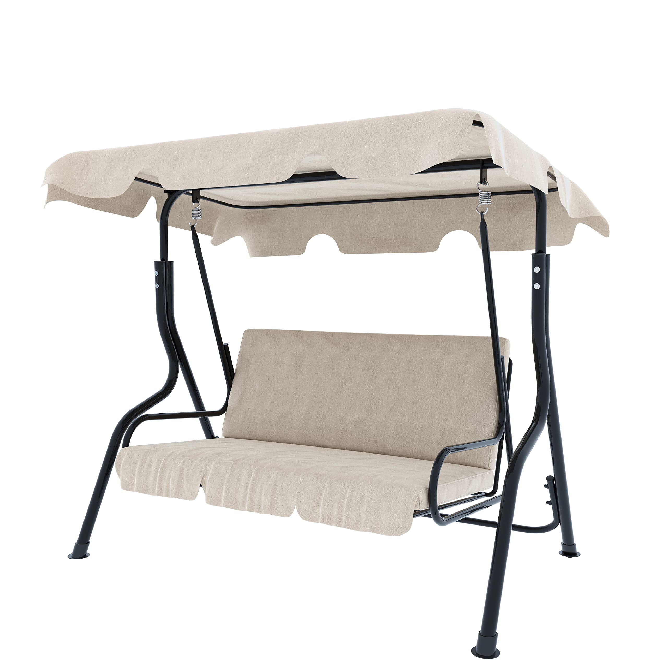 Balancelle 3 Places avec Toit Ajustable, Coussins Rembourrés, Structure Robuste en Acier Verni pour Extérieur, Jardin, Balcon, Terrasse, Piscine 170 x 110 x 153 cm (Beige)