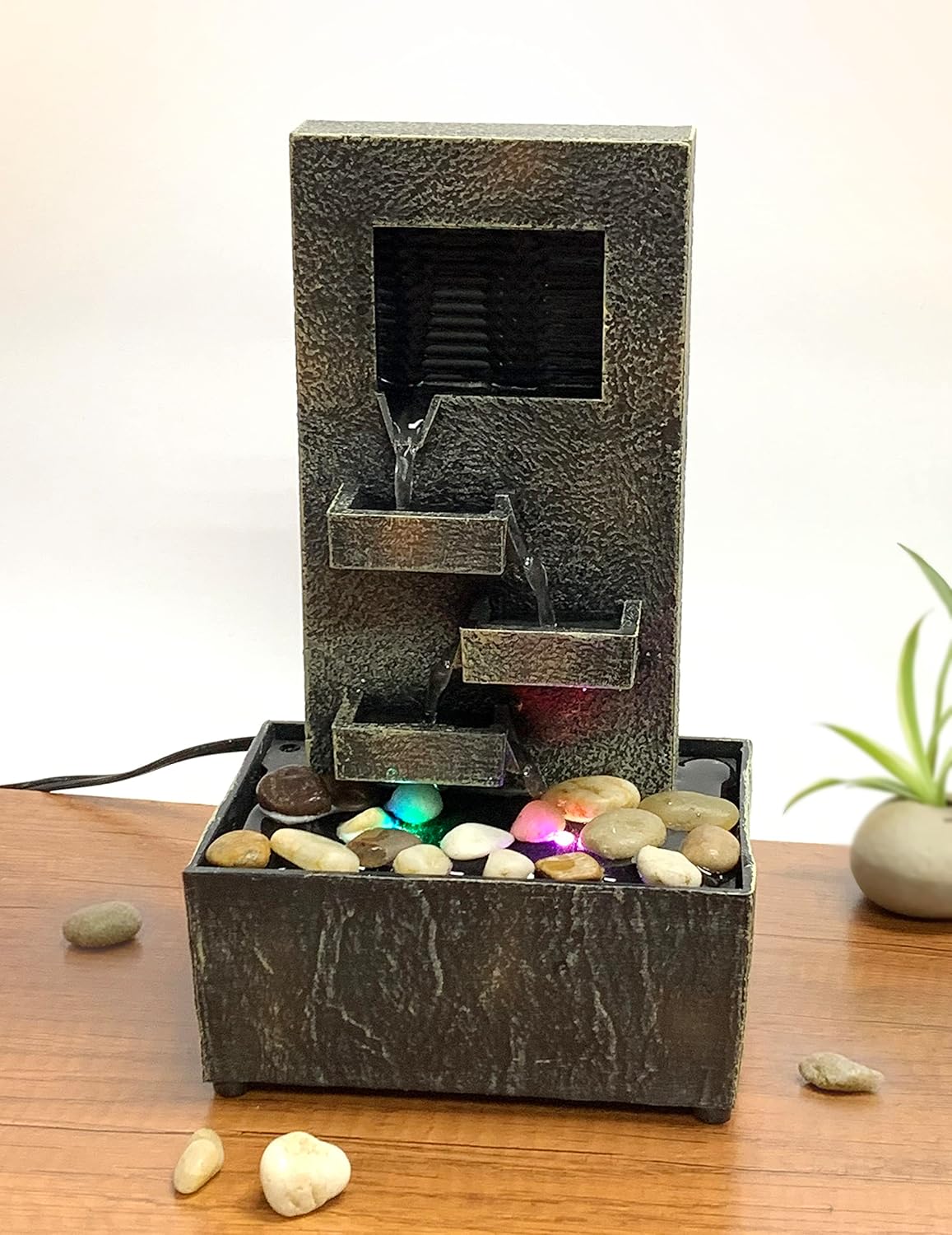 Nature's Mark 10" H Slate Tiered Tabletop Water Fountain with Natural River Rocks and LED Lights (Power Cord Attached)