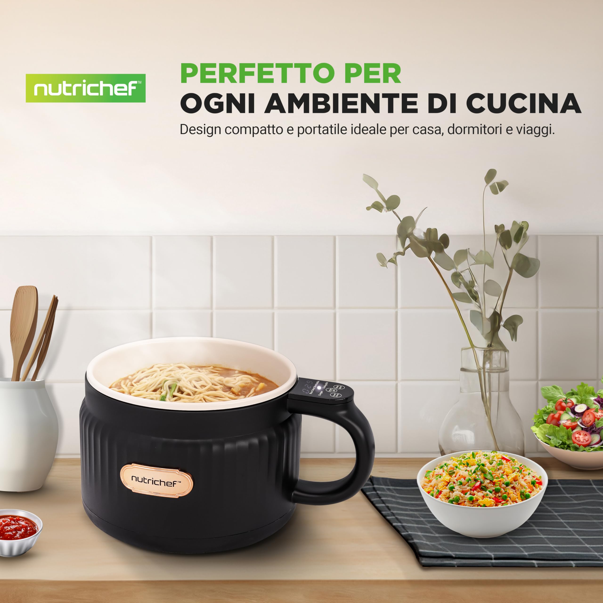 NutriChef Cuoci Riso Elettrico 1,5 Litri, Multi-Funzione con Rivestimento Antiaderente in Ceramica, Pannello Digitale, 6 Funzioni: Riso, Zuppe, Stufati, Porridge Istantaneo, Nero
