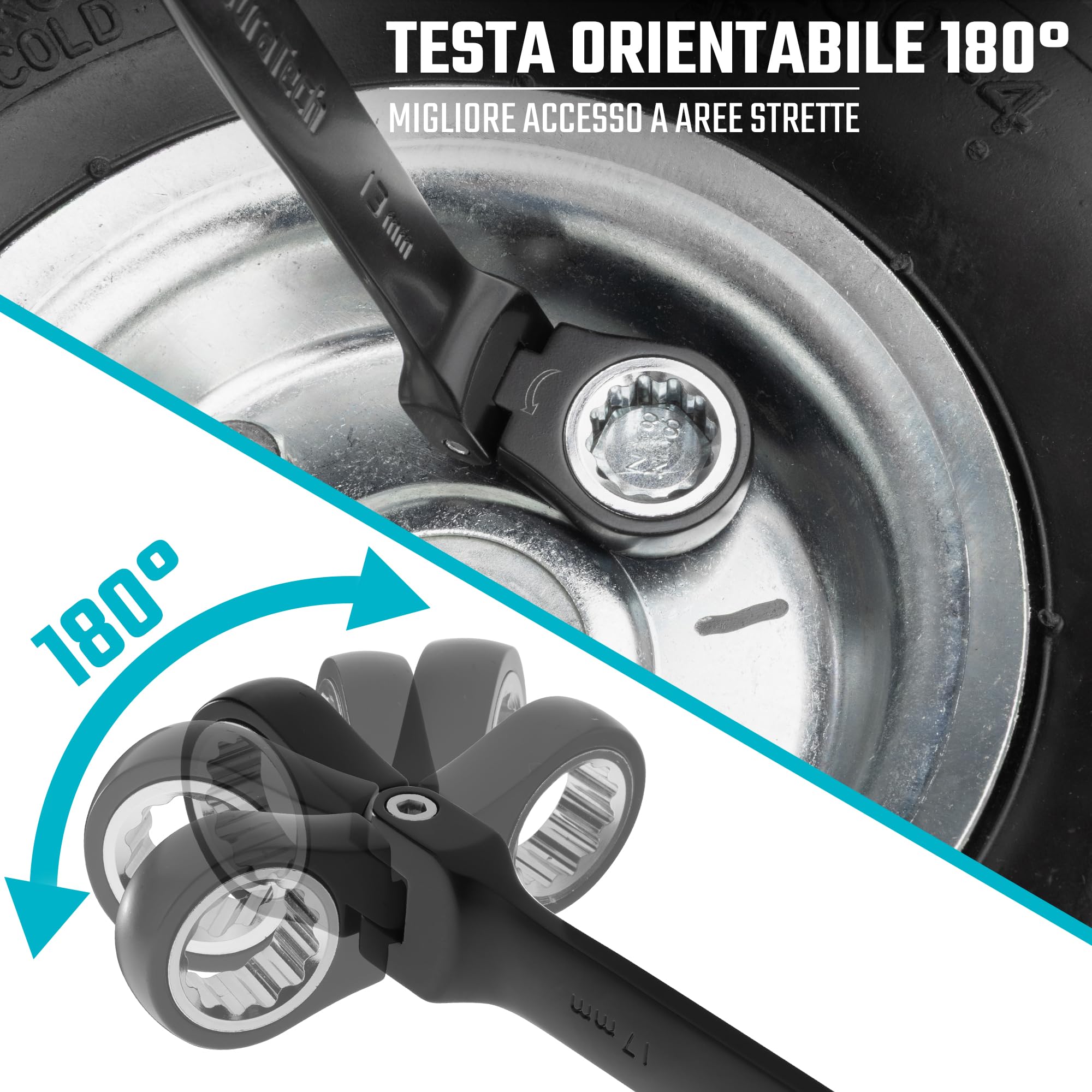 DURATECH Set di chiavi combinate a cricchetto con testa flessibile, 72 denti, metriche, 9 pezzi, 8, 10, 11, 12, 13, 14, 15, 16, 17 mm, rivestimento elettroforetico nero, acciaio CR-V, con custodia